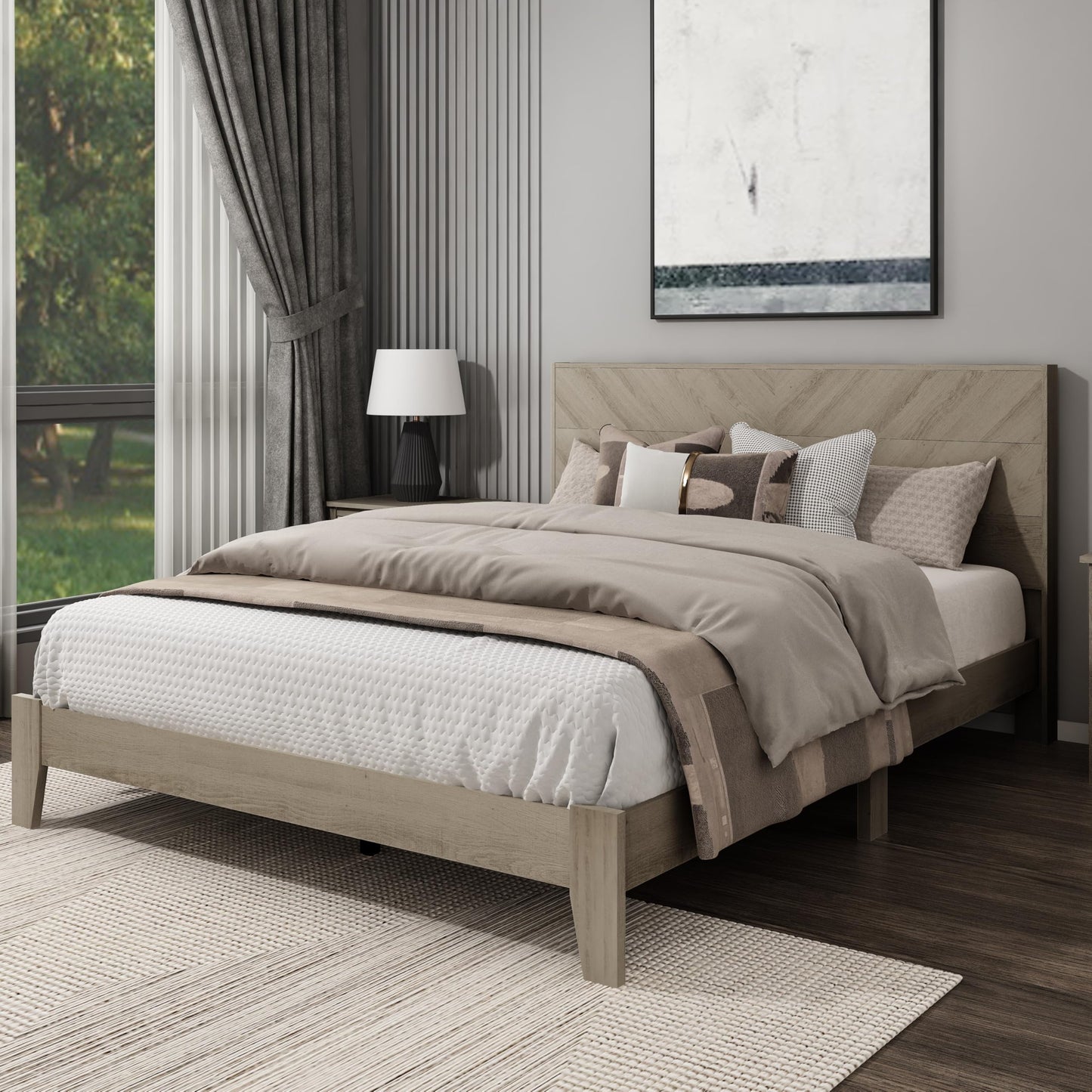 Galano Weiss Wood Platform Queen Bed Frame with Headboard, Fit 60'' x 80'' Mattress Foundation with Wood Slat Support, No Box Spring Needed, 64.2" L x 85.3" W x 40.1" H, Oslo Oak