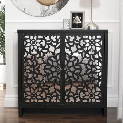 Galano Norwich 2 Door Sideboard - Moden Laser Cut Pattern with Acrylic Mirror Storage Cabinet for Living Room, Bedroom, or Kitchen (Rustic Black Oak)