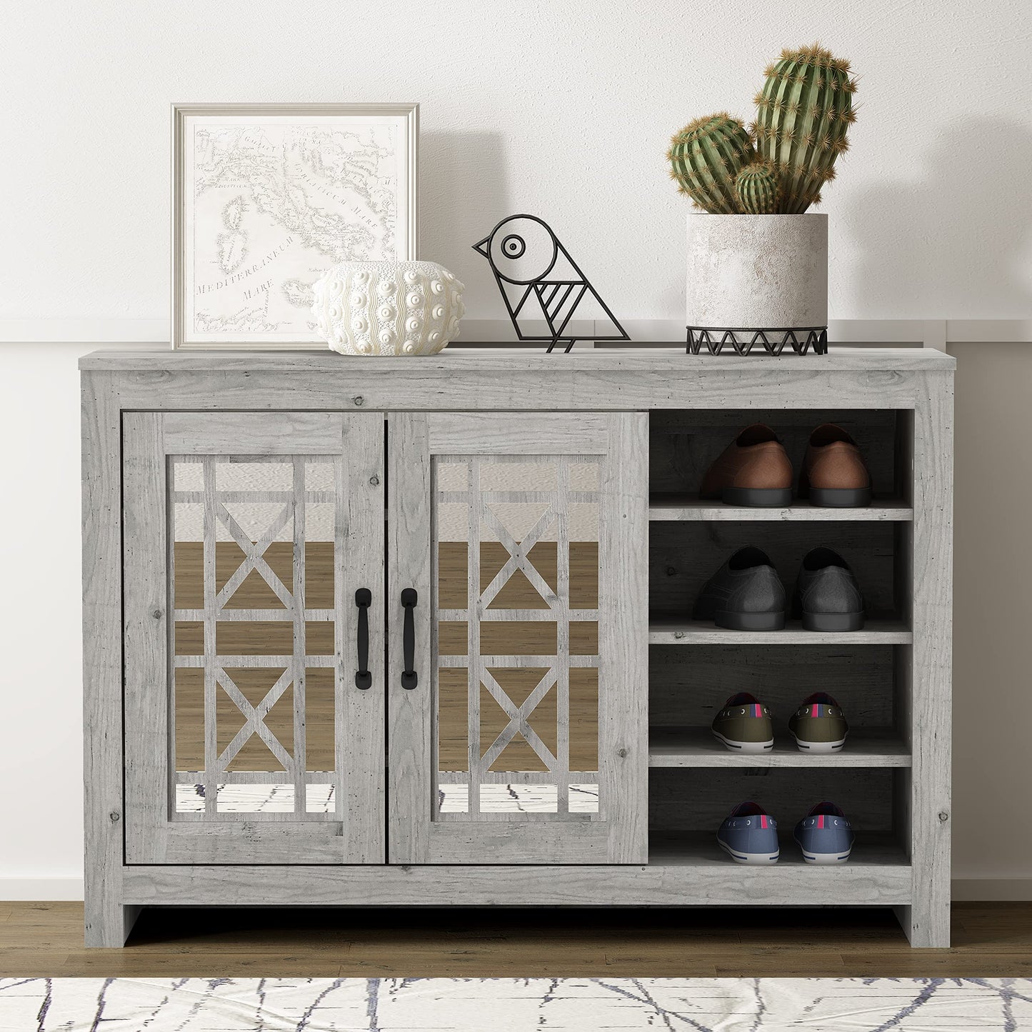 Galano Isadora 16 Pair Shoe Storage Cabinet, Freestanding Organizer with Acrylic Mirror Doors for Entryway, Narrow Shoe Rack Cabinet, 13.39" D x 44.29" W x 30" H, Mexican Grey