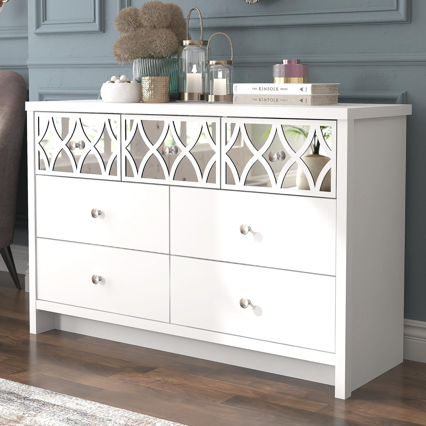 Galano Iris 3 Plus 4 Drawer Chest - Modern Multi Chest with Mirrored Drawers - Organizers and Storage Cabinet for Bedroom – Console for Entryway - Hallway or Living Room - White