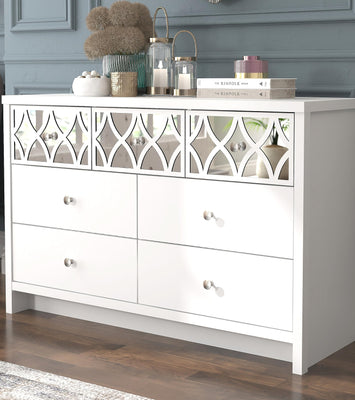 Galano Iris 3 Plus 4 Drawer Chest - Modern Multi Chest with Mirrored Drawers - Organizers and Storage Cabinet for Bedroom – Console for Entryway - Hallway or Living Room - White