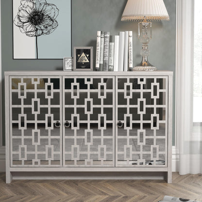 Galano Mollison 3 Door Sideboard - Moden Laser Cut Pattern with Acrylic Mirror Storage Cabinet for Living Room, Bedroom, or Kitchen (Dusty Grey Oak)