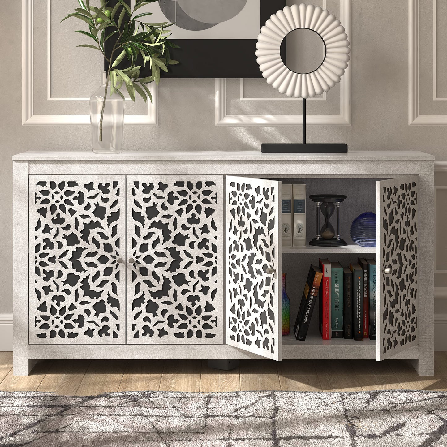 Galano Culbreath Sideboard-Buffetschrank mit 4 Türen, mit Stauraum und verstellbaren Regalen, Aufbewahrungsschrank für Küche, Esszimmer, Wohnzimmer, 15,67" T x 57,64" B x 30" H, staubgraue Eiche