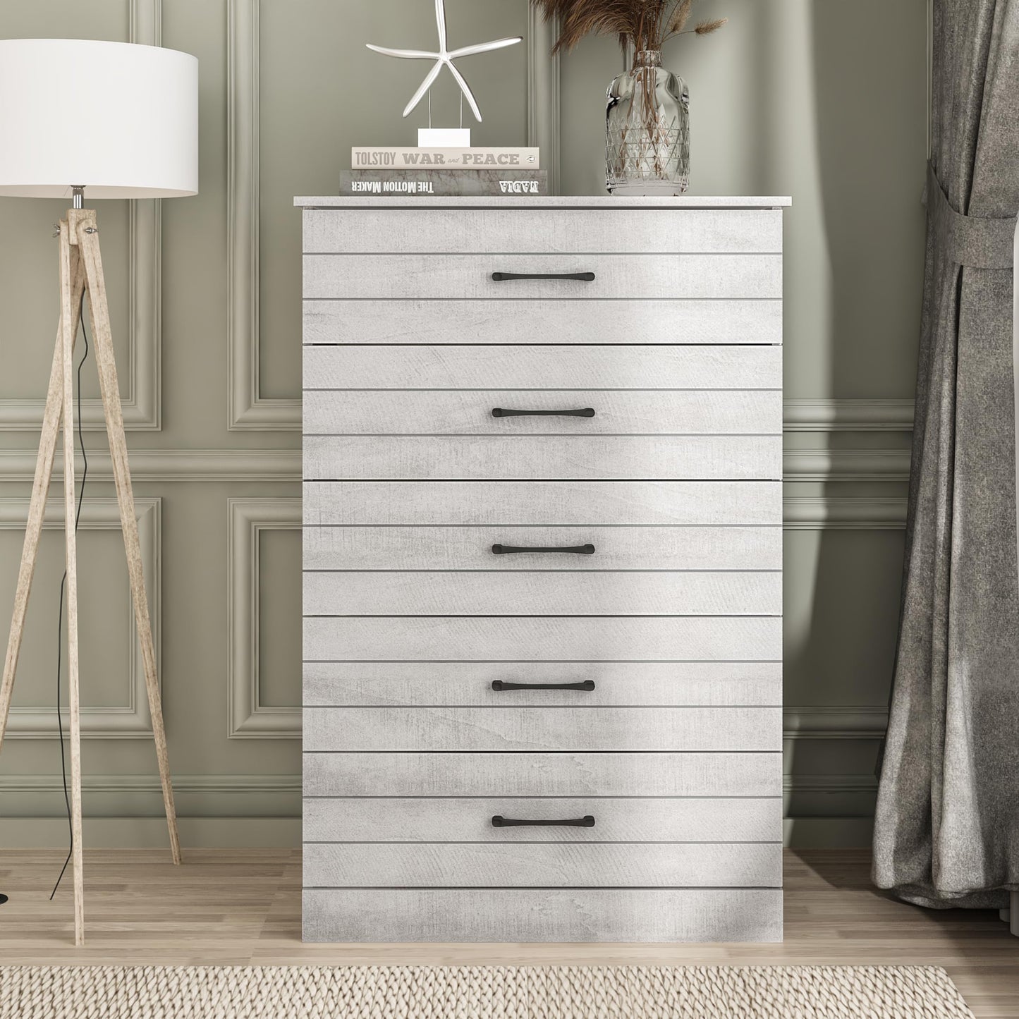 Galano Elis Wooden 5 Drawer Dresser for Bedroom with Interlock, Modern Storage Chest for Nursery and Children Room, 15.8" D x 31.5" W x 47.2" H, Dusty Grey Oak