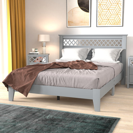 Galano Amanda Double Bed - Stylish Wooden Bedframe with Mirrored Headboard - Sturdy Bedframe for Adult - Wood Slat Support - Easy Assembly – Bedroom Furniture (Cool Grey)