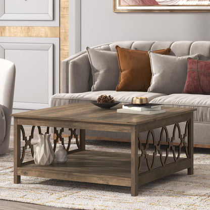 Galano Heron Modern Coffee Table for Living Room, Wood Square Center Table with Storage Shelf, Wooden Accent Cocktail Table for Home Office Small Apartment, 34.8" D x 34.9" W x 17.1" H, Knotty Oak