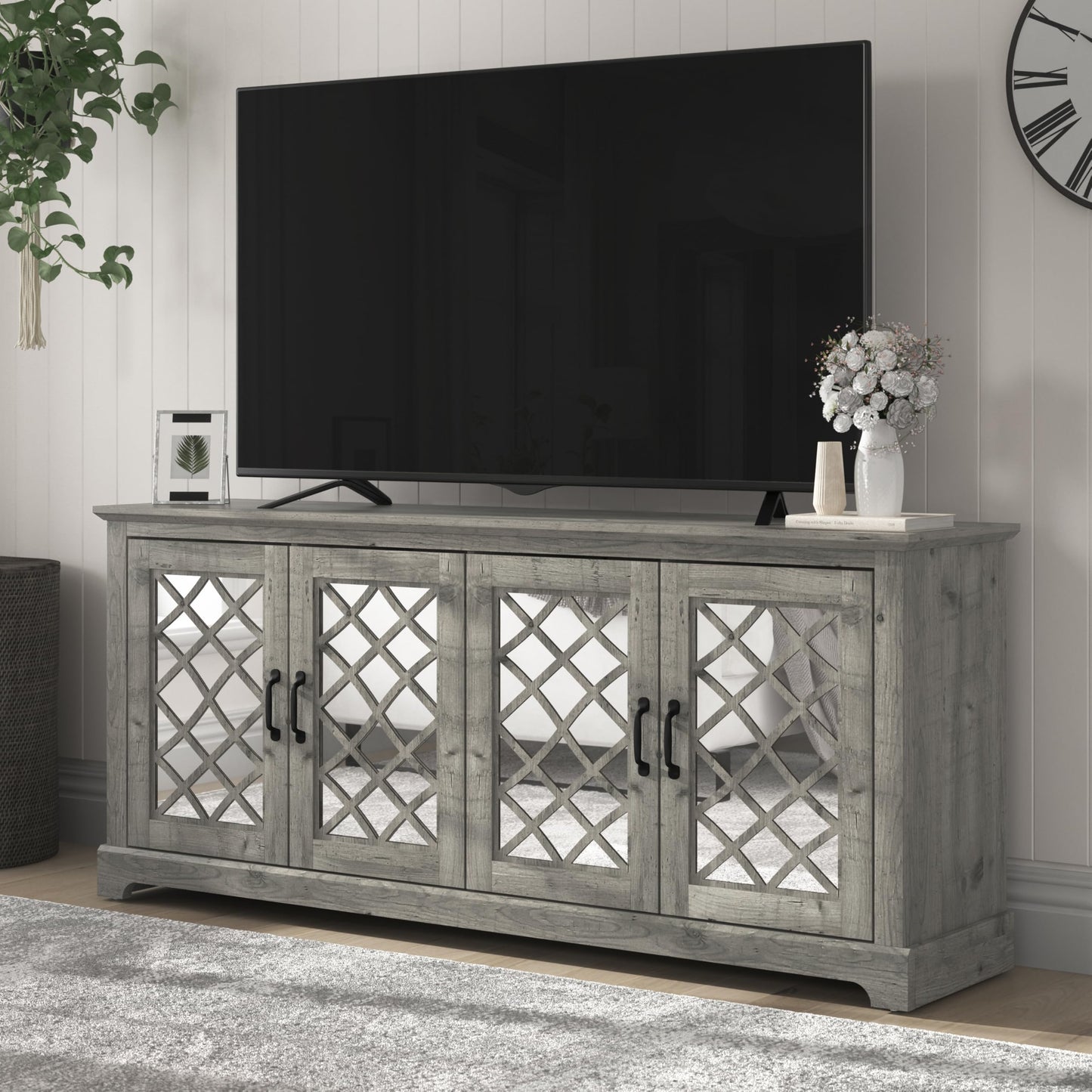 Galano Millicent 75 Inch TV Stands for Living Room with Storage, 17.1" D x 68.2" W x 29.3" H, Black Knotty Grey Oak