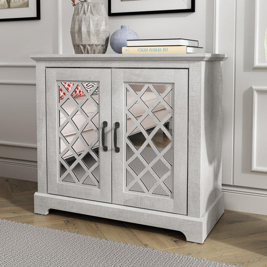 Galano Millicent 2 Door Sideboard, Buffet Cabinet with Acrylic Mirror Doors, 15.7" D x 32.4" W x 29.3" H, Dusty Grey Oak