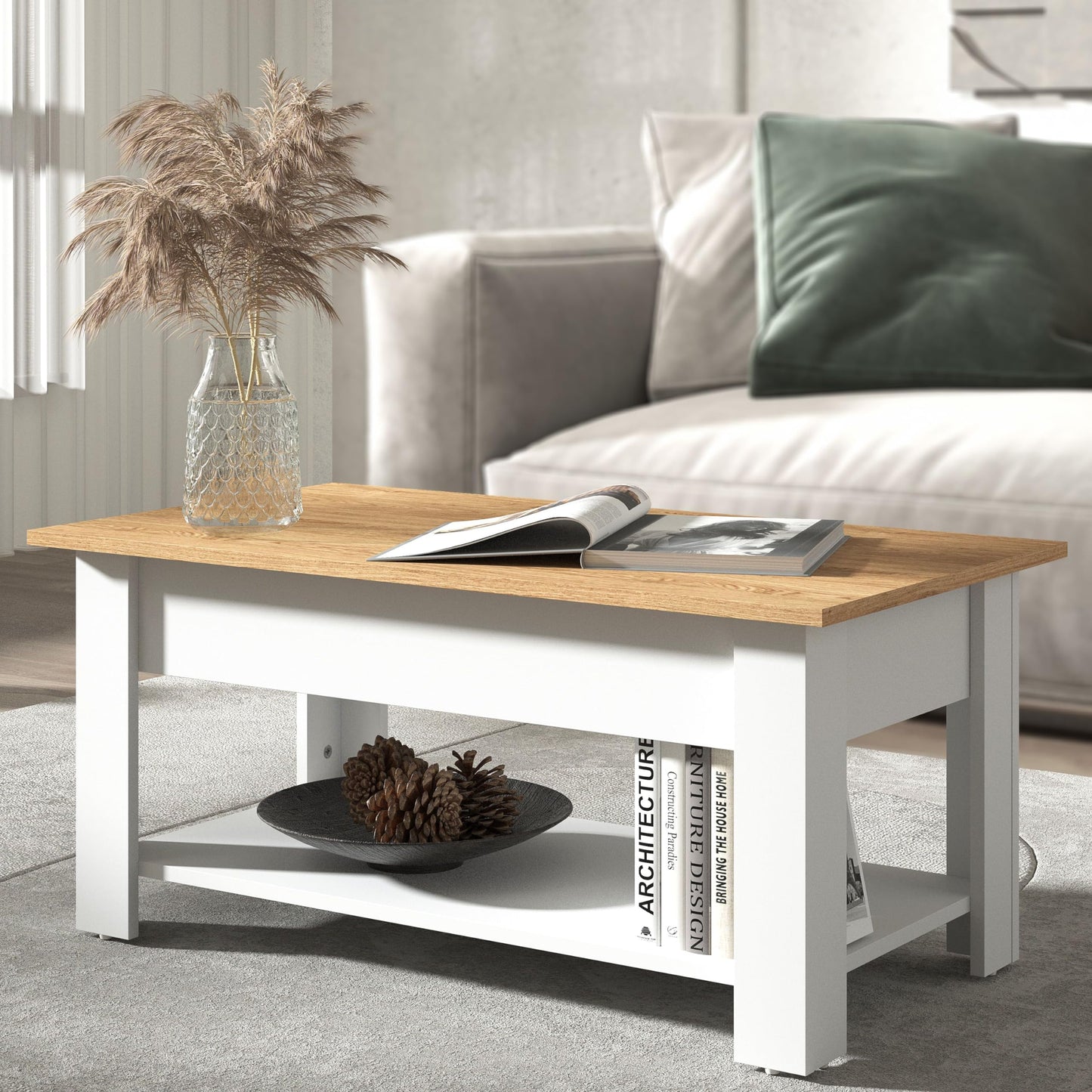 Galano Brixburn Lift Up Coffee Table - Modern Distressed Oak Finish - Storage Cabinet for Entryway - Foyer - Living Room - Space Saving (White/Oak)