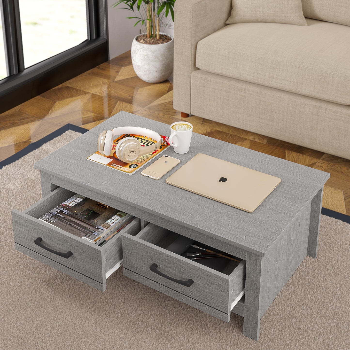 Galano Limestone Coffee Table - 2 Drawer Storage Unit - Engineered Wood Storage Cabinet, Rectangular Living Room Table with Storage (Dark Grey)