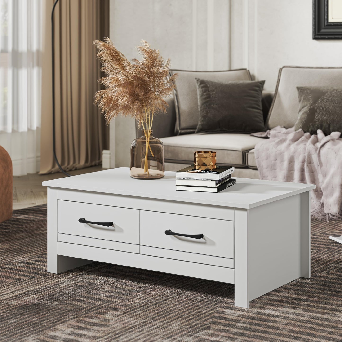 Galano Limestone Coffee Table - 2 Drawer Storage Unit - Engineered Wood Storage Cabinet, Rectangular Living Room Table with Storage (Dark Grey)