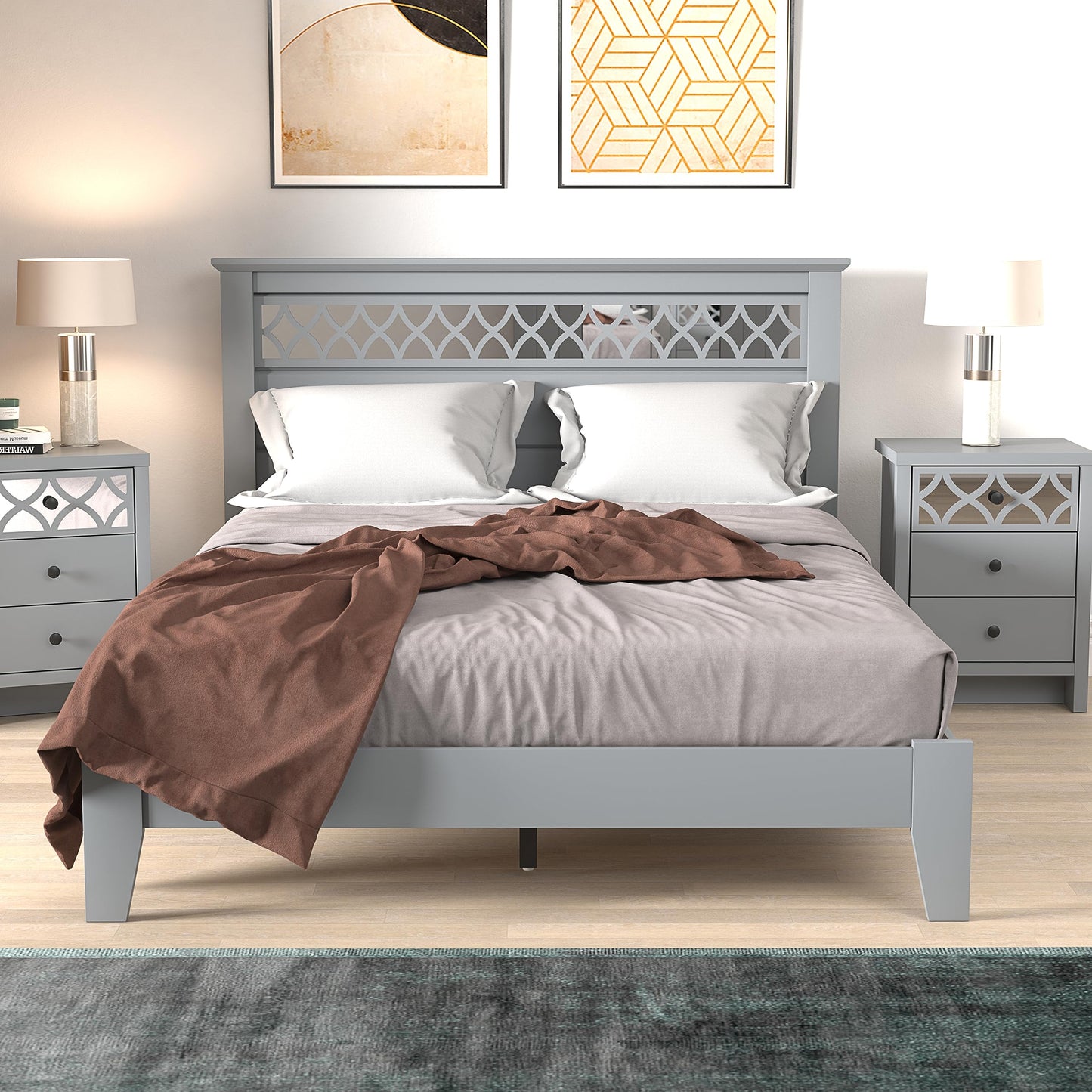 Galano Amanda Double Bed - Stylish Wooden Bedframe with Mirrored Headboard - Sturdy Bedframe for Adult - Wood Slat Support - Easy Assembly – Bedroom Furniture (Cool Grey)