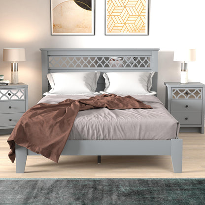 Galano Amanda Double Bed - Stylish Wooden Bedframe with Mirrored Headboard - Sturdy Bedframe for Adult - Wood Slat Support - Easy Assembly – Bedroom Furniture (Cool Grey)