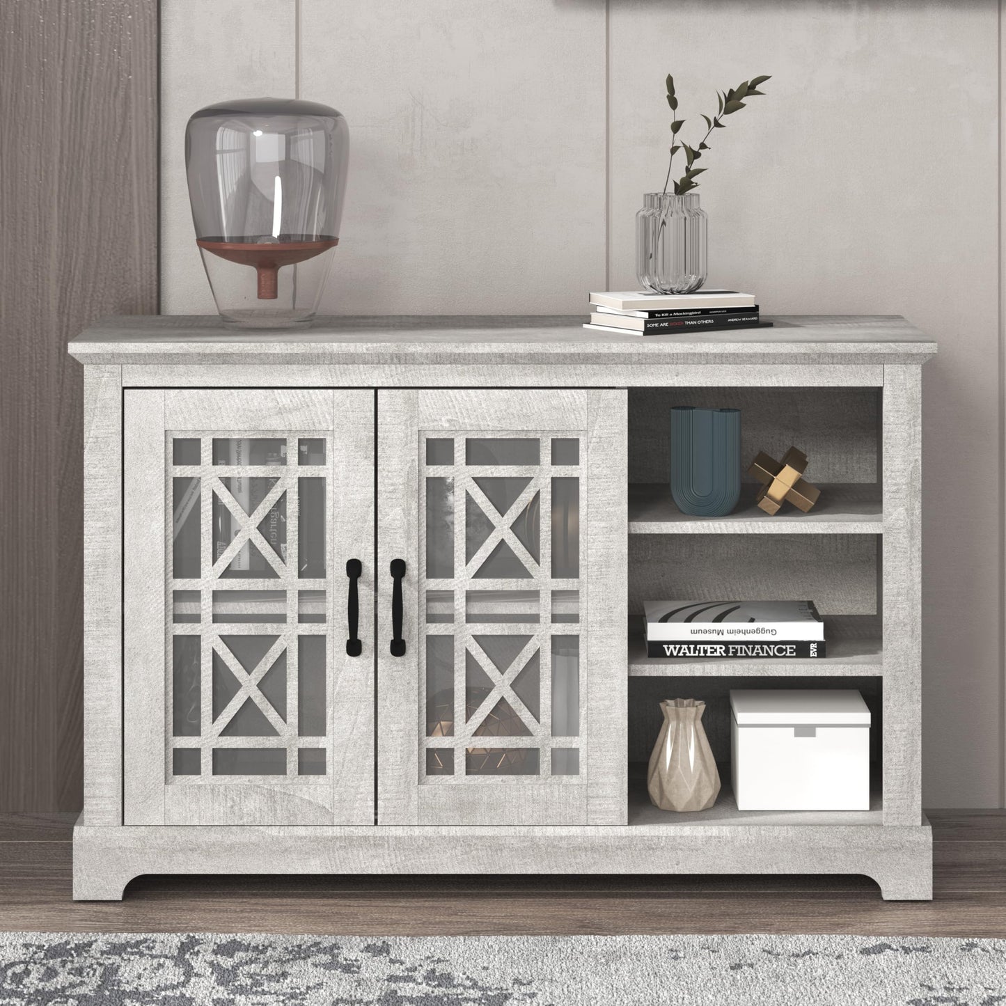 Galano Isadora 3 Door Sideboard with Acrylic Mirrors, Kitchen Buffet Cabinet, Farmhouse Coffee Bar Display Cabinet for Home Kitchen, Living Room, Dining Room and Hallway, Dusty Grey Oak