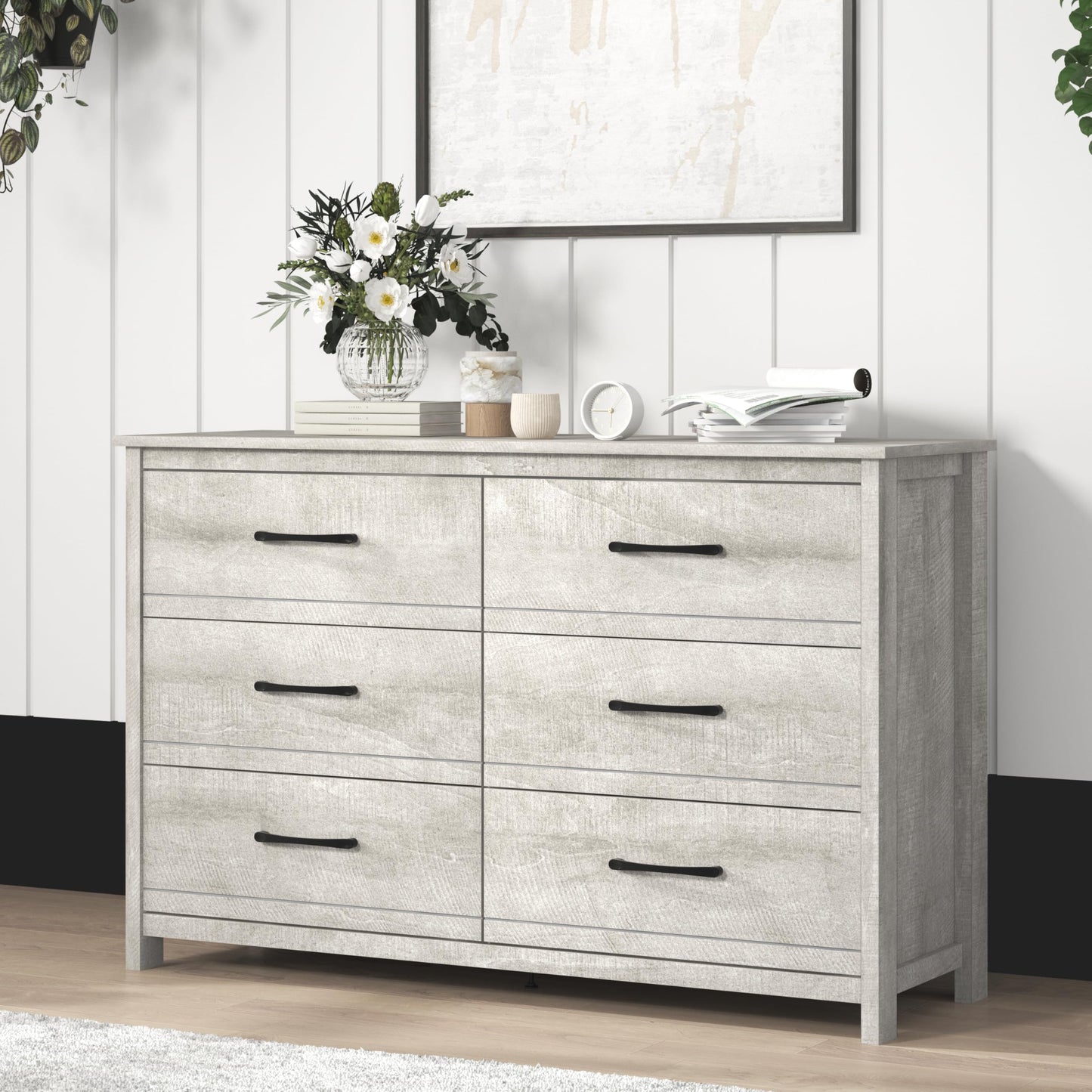 Galano Kellie Wooden 6 Drawer Dresser for Bedroom with Interlock, Modern Storage Chest Dresser for Nursery and Children, Wide Closer Organizer for Kids, 15.8" D x 47.2" W x 31.0" H, Dusty Grey Oak