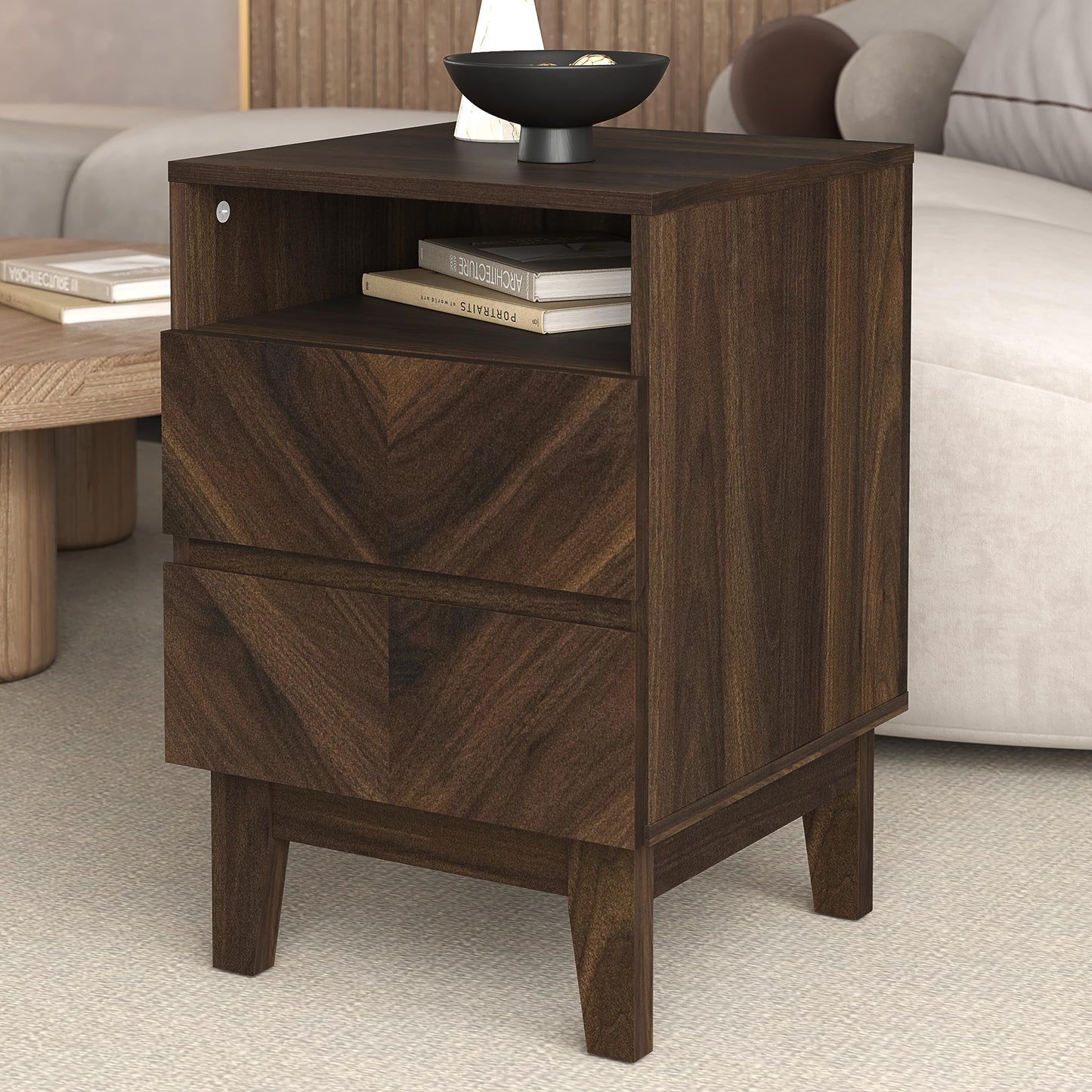 Galano Hanwell 2 Drawer Side Table, Stylish Fishborne Design End Table with Drawer Open Shelf Stable Sturdy Engineered Wooden Nightstand Storage for Small Spaces/Living Room/Bedroom (Walnut)