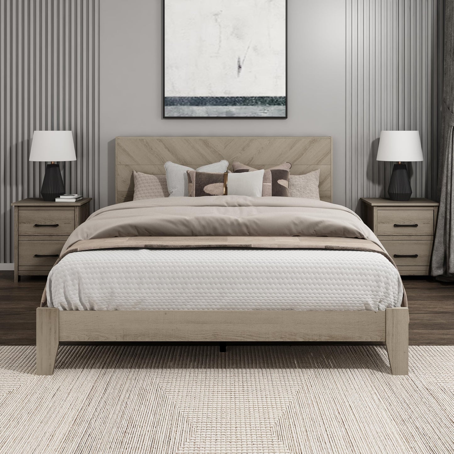 Galano Weiss Wood Platform Queen Bed Frame with Headboard, Fit 60'' x 80'' Mattress Foundation with Wood Slat Support, No Box Spring Needed, 64.2" L x 85.3" W x 40.1" H, Oslo Oak