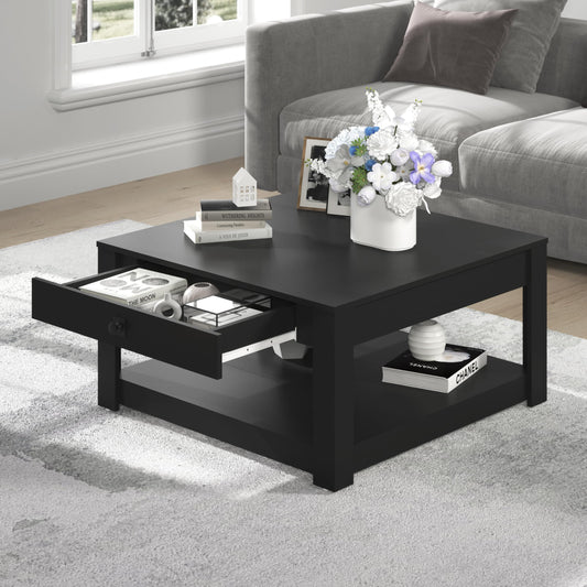 Galano Philia Square Modern Top Coffee Table with Storage Drawer, 2 Tier Center Table for Living Room, Office, Balcony, 31.5" D x 31.5" W x 16.3" H, Rustic Black Oak