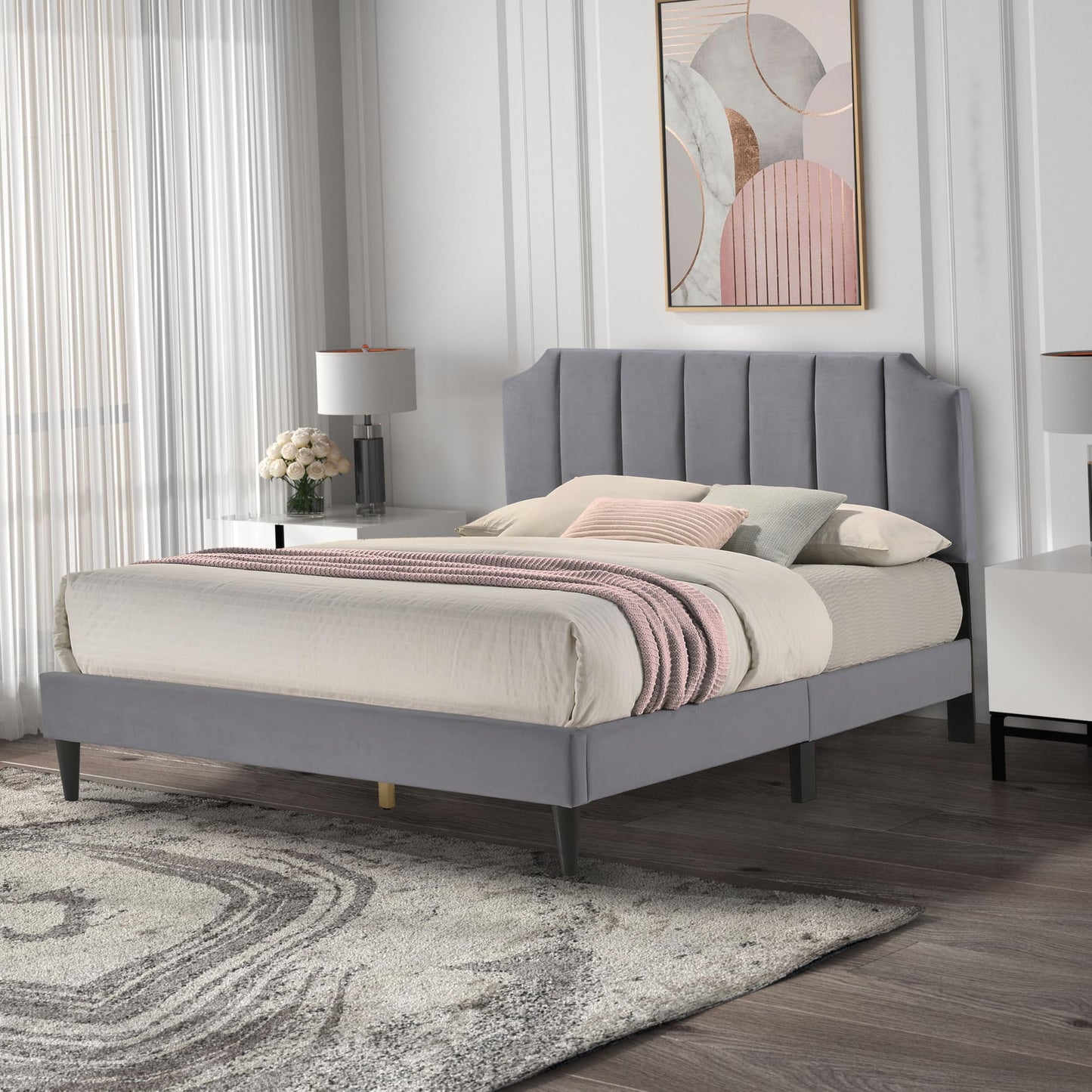 Galano Newry Upholstered Double Bed - Stylish Fabric Bedframe with Headboard - Sturdy Bedframe for Adult with Wooden Slat Support - Easy Assembly (Grey)