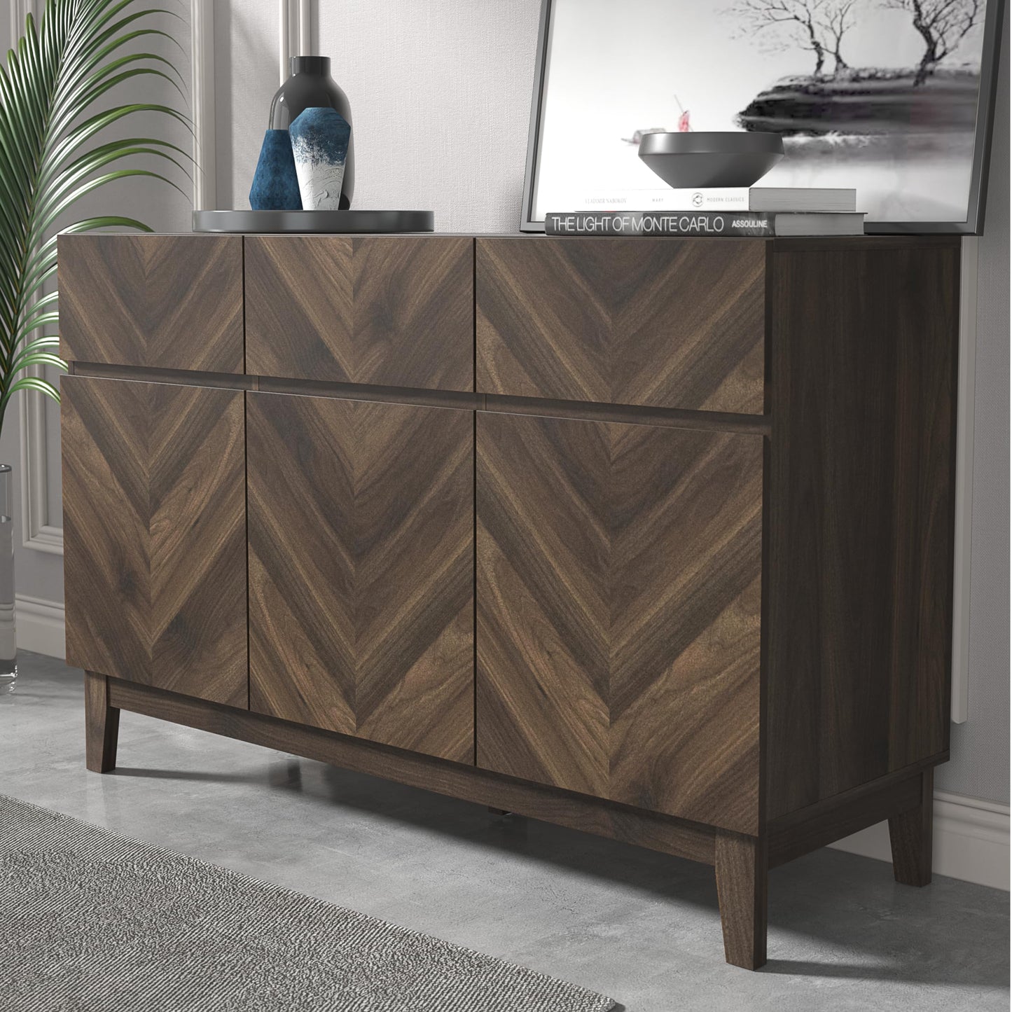 Galano Hanwell Sideboard mit 3 Türen und 3 Schubladen – Schrank-Aufbewahrungs-Organizer für Ihr Zuhause – Aufbewahrungs-Sideboard – verstellbare Regale (Walnuss)