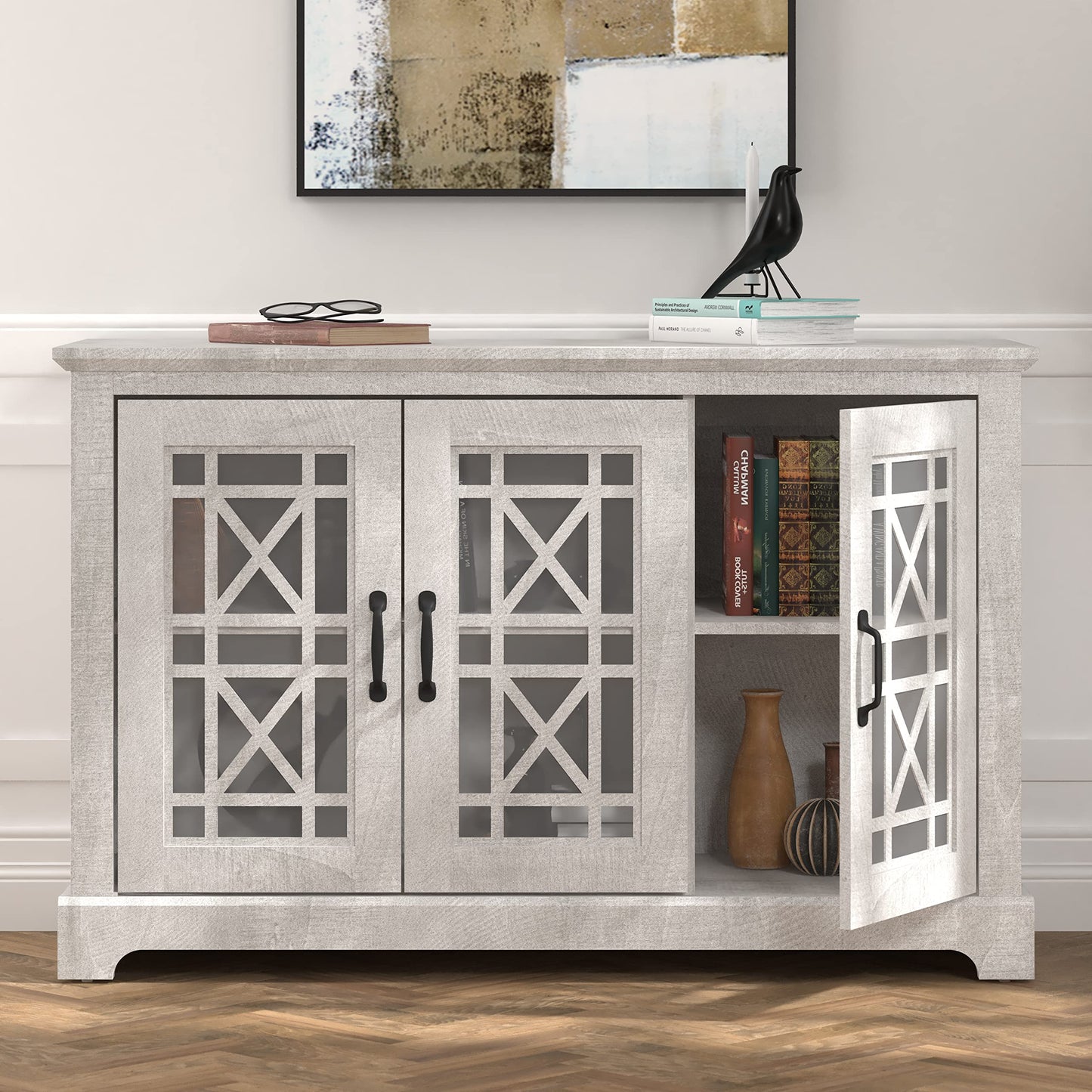 Galano Isadora 3 Door Sideboard with Acrylic Mirrors, Kitchen Buffet Cabinet, Farmhouse Coffee Bar Display Cabinet for Home Kitchen, Living Room, Dining Room and Hallway, Dusty Grey Oak