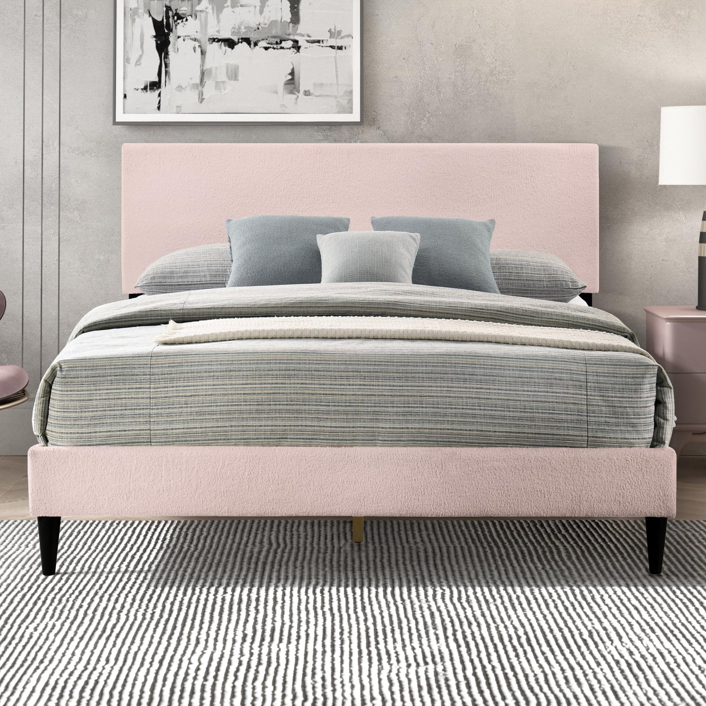 Galano Bayson Brooklyn Queen Size Bed Frame with Fabric Headboard, Heavy Duty Mattress Foundation, No Box Spring Needed, 64.17" D x 83.46" W x 43.11" H, Grey