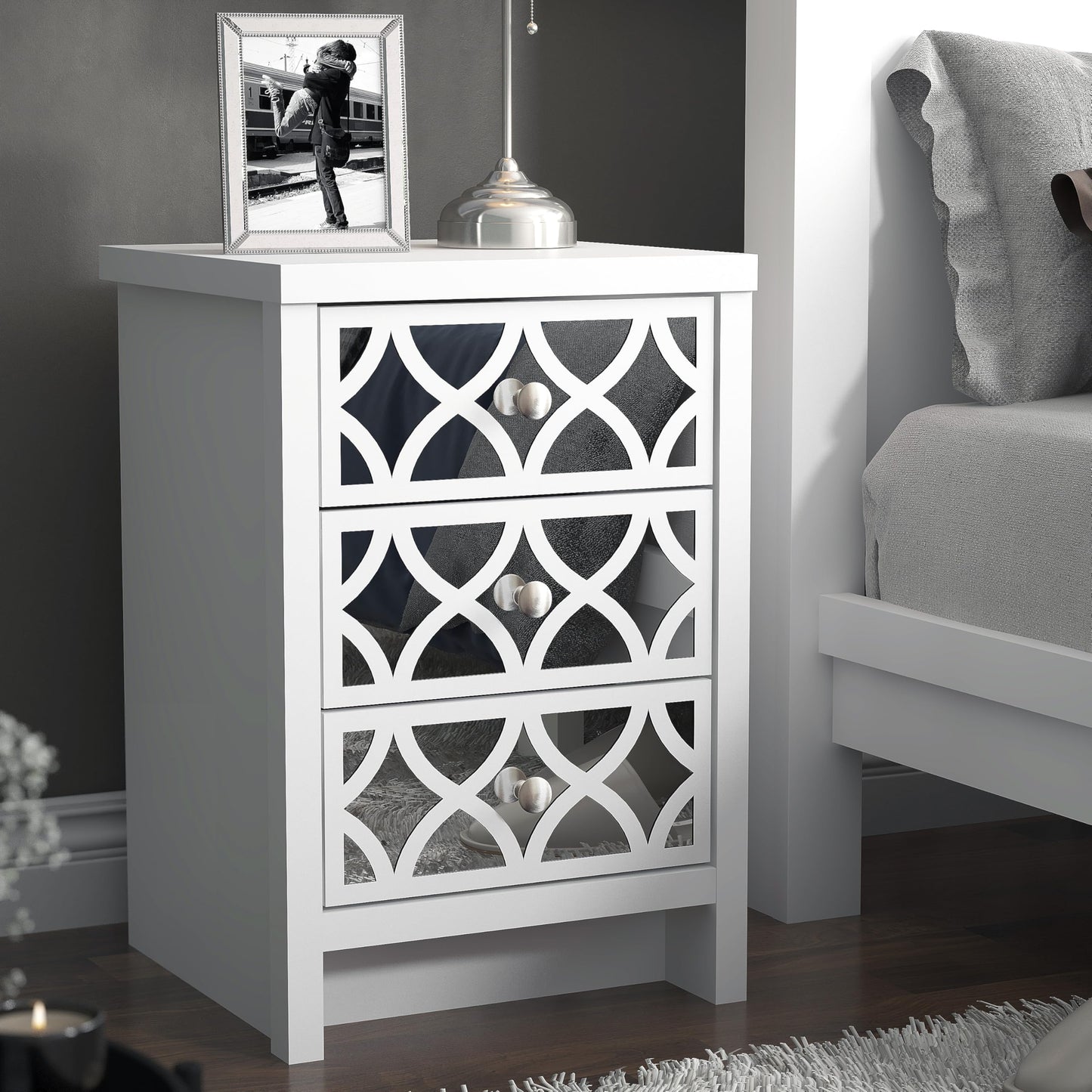 Galano Iris 3 Drawer Bedside - Modern Stylish Cabinet with Mirrored Drawers - Organizers and Storage for Bedroom – Console for Entryway - Hallway or Living Room (White)