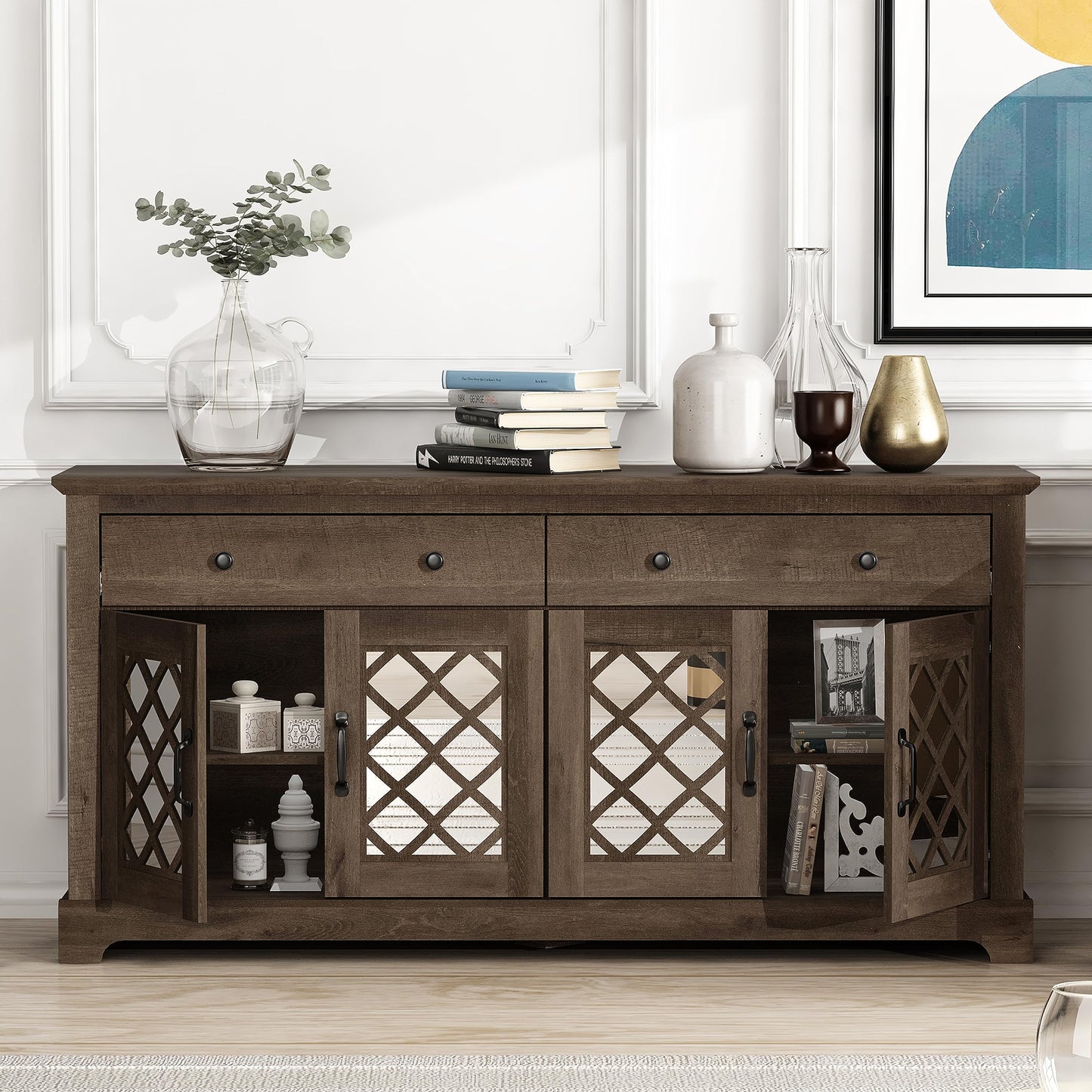 Galano Millicent Wide Sideboard Buffet Cabinet, Kitchen Storage Cabinet with Acrylic Mirror Doors, Cupboard Console Table, Rustic Farmhouse Buffet Display for Coffee Bar, Dusty Grey Oak