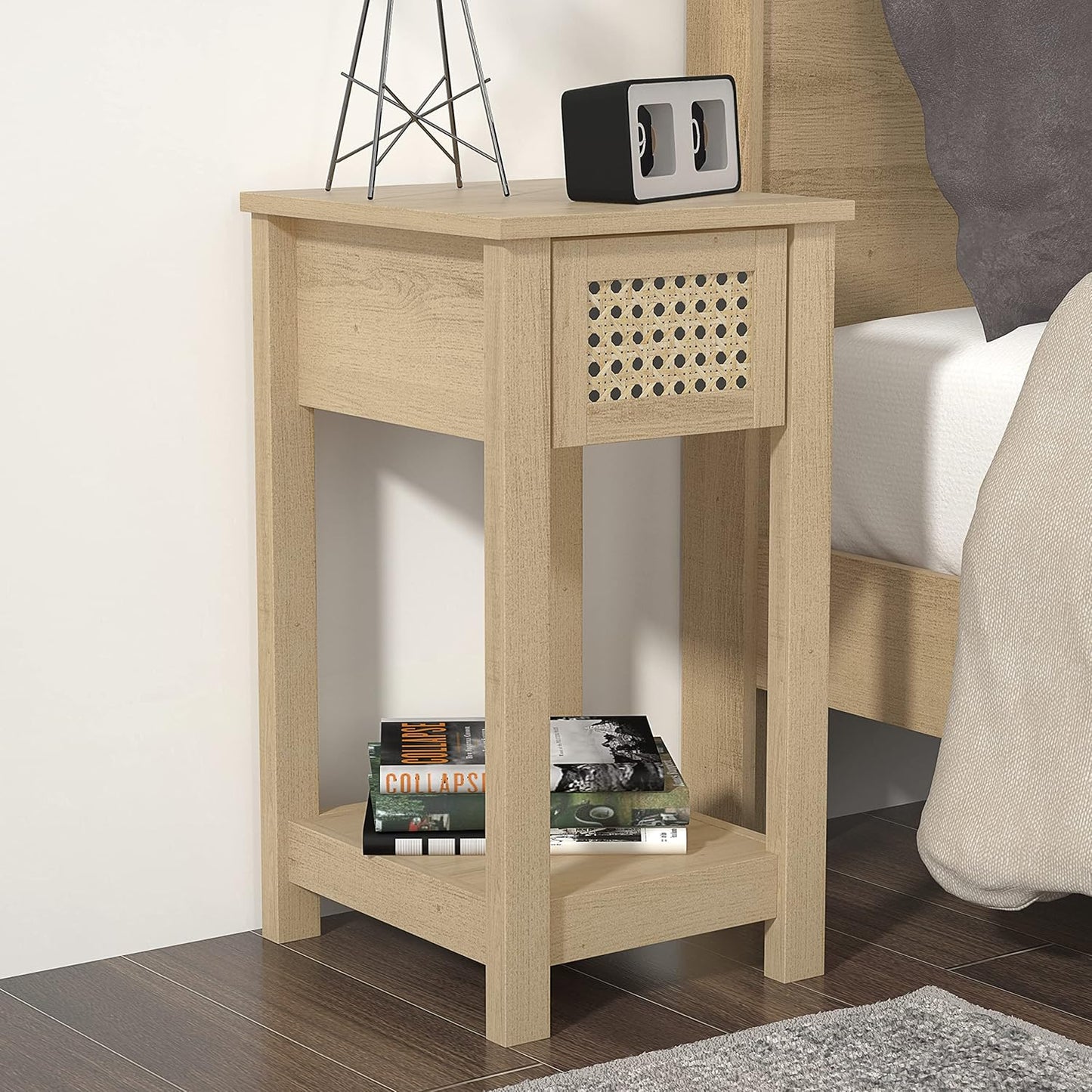 Galano Gio Bedside Table - Stylish Bedside with Rattan Effect - Slim Bedside Table Drawer - Side Table with Storage - Storage Cabinet for Hallway - Entryway or Bedroom - Oslo Oak