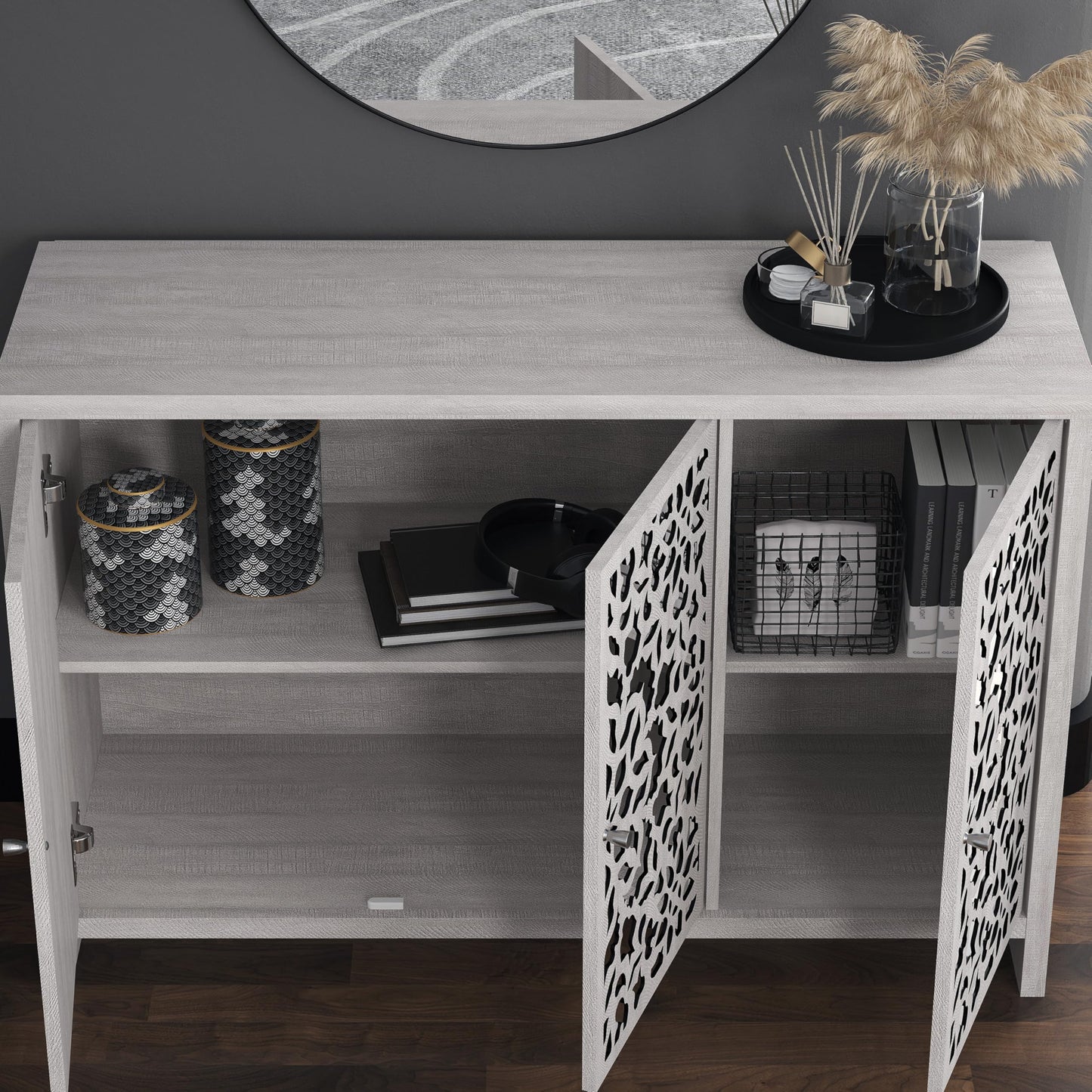 Galano Norwich 2 Door Sideboard - Moden Laser Cut Pattern with Acrylic Mirror Storage Cabinet for Living Room, Bedroom, or Kitchen (Rustic Black Oak)