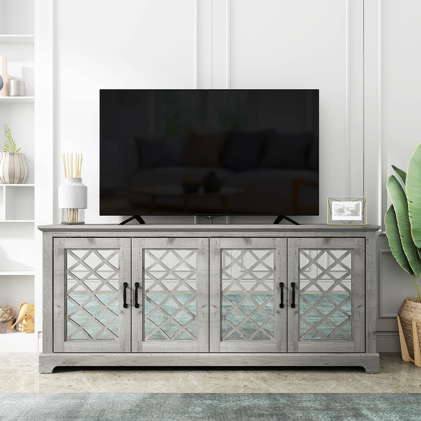 Galano Millicent 75 Inch TV Stands for Living Room with Storage, 17.1" D x 68.2" W x 29.3" H, Black Knotty Grey Oak