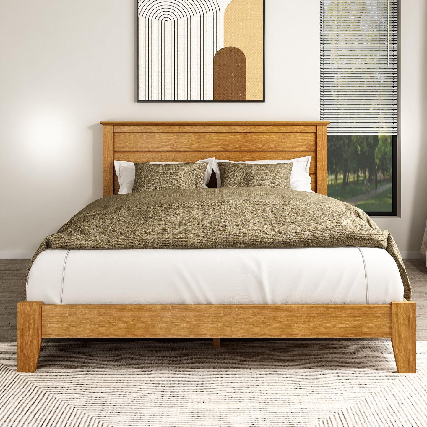 Galano Tiena Wood Platform Queen Bed Frame with Headboard, Fit 60'' x 80'' Mattress Foundation with Wood Slat Support, No Box Spring Needed, 65.8" L x 85.4" W x 40.1" H, Amber Walnut