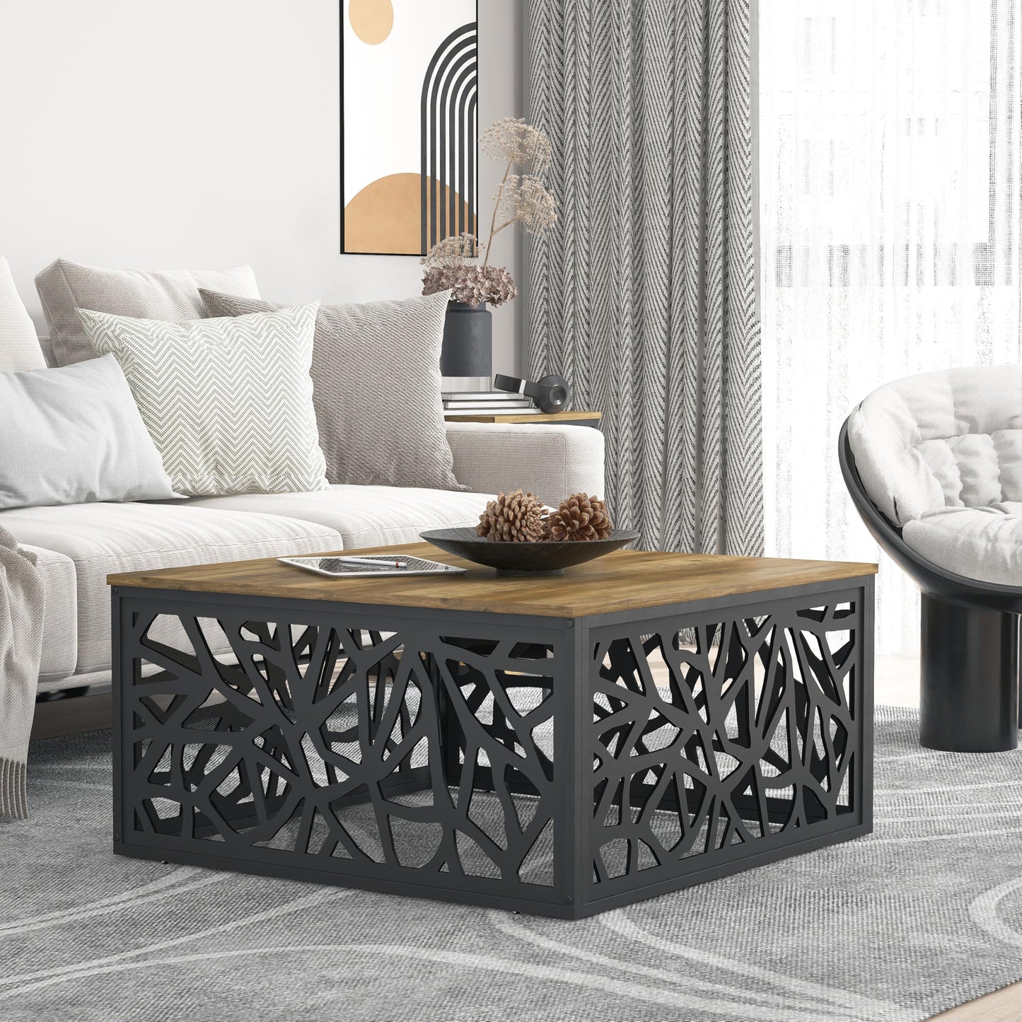 Galano Candence Coffee Table - Modern Metal Distressed Oak Finish - Storage Cabinet for Entryway - Foyer - Living Room - Bedroom - Space Saving