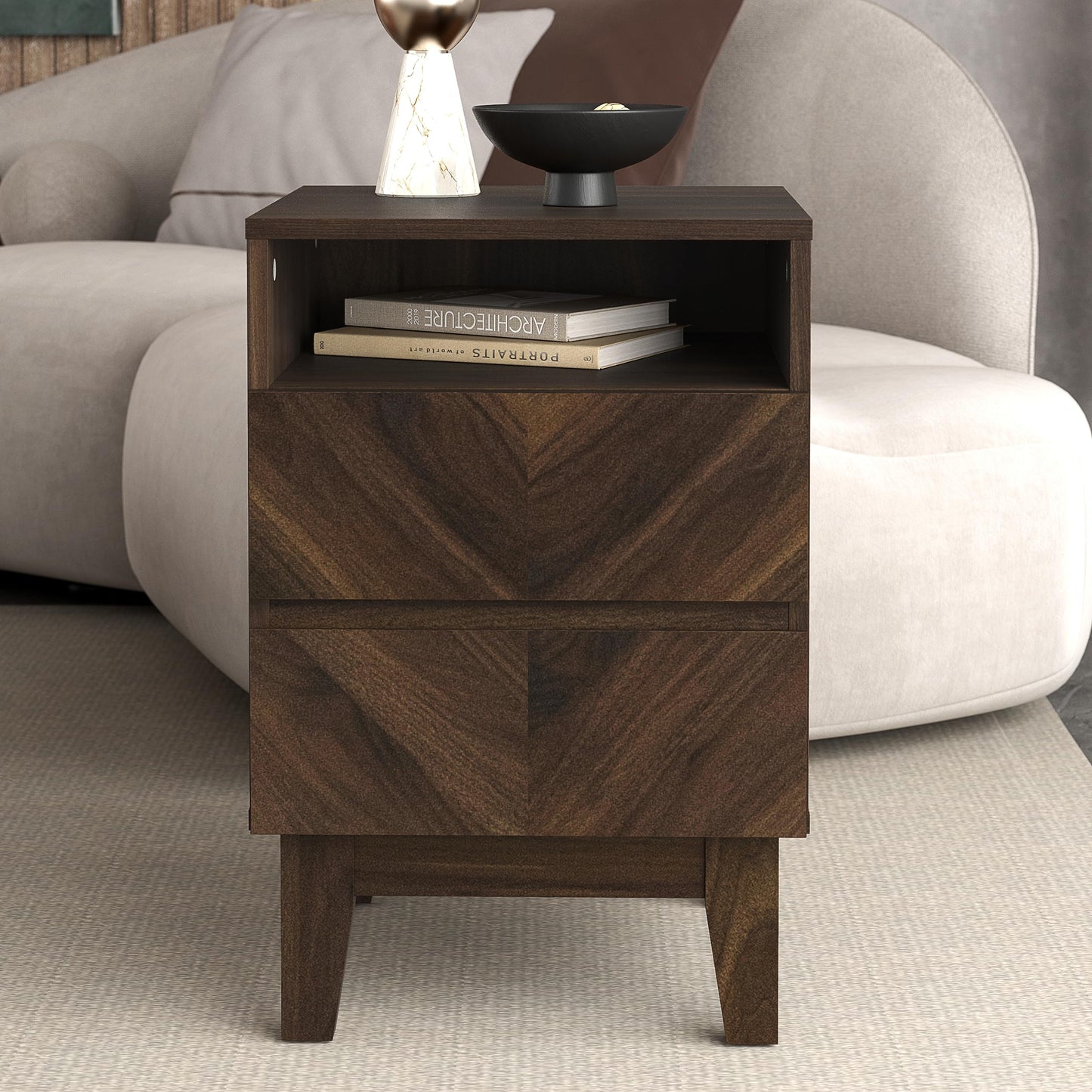 Galano Hanwell 2 Drawer Side Table, Stylish Fishborne Design End Table with Drawer Open Shelf Stable Sturdy Engineered Wooden Nightstand Storage for Small Spaces/Living Room/Bedroom (Walnut)