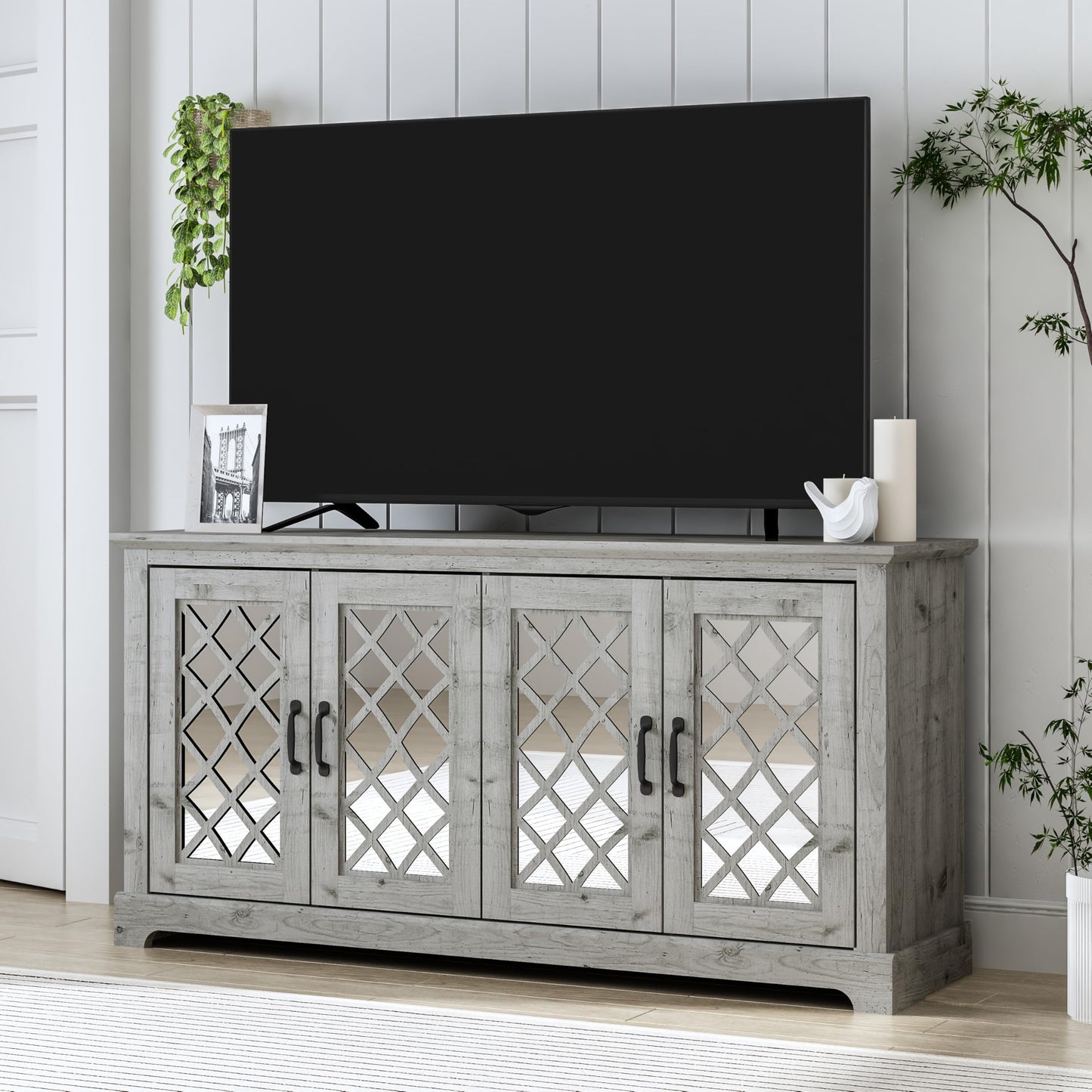 Galano Millicent 75 Inch TV Stands for Living Room with Storage, 17.1" D x 68.2" W x 29.3" H, Black Knotty Grey Oak