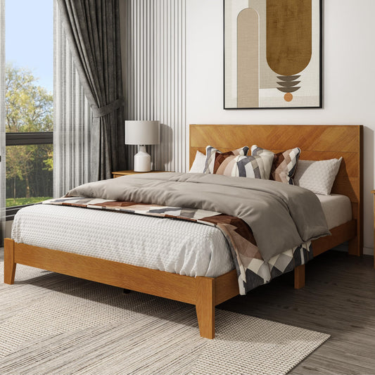 Galano Weiss Wood Platform Queen Bed Frame with Headboard, Fit 60'' x 80'' Mattress Foundation with Wood Slat Support, No Box Spring Needed, 64.2" L x 85.3" W x 40.1" H, Amber Walnut