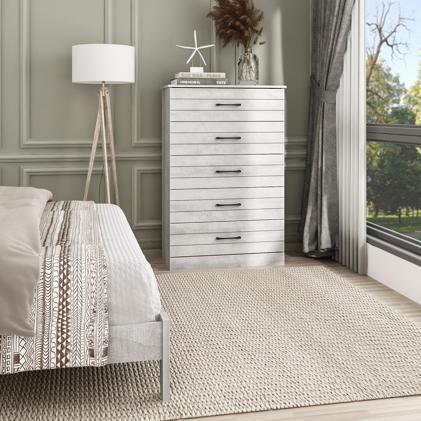 Galano Elis Wooden 5 Drawer Dresser for Bedroom with Interlock, Modern Storage Chest for Nursery and Children Room, 15.8" D x 31.5" W x 47.2" H, Dusty Grey Oak