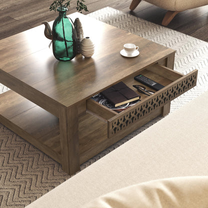 Galano Japtur Coffee Table, Modern Top Squarer Coffee Table with Storage Drawer, 2 Tier Center Table for Living Room, Office, Balcony, 31.5" D x 31.5" W x 16.3" H, Knotty Oak