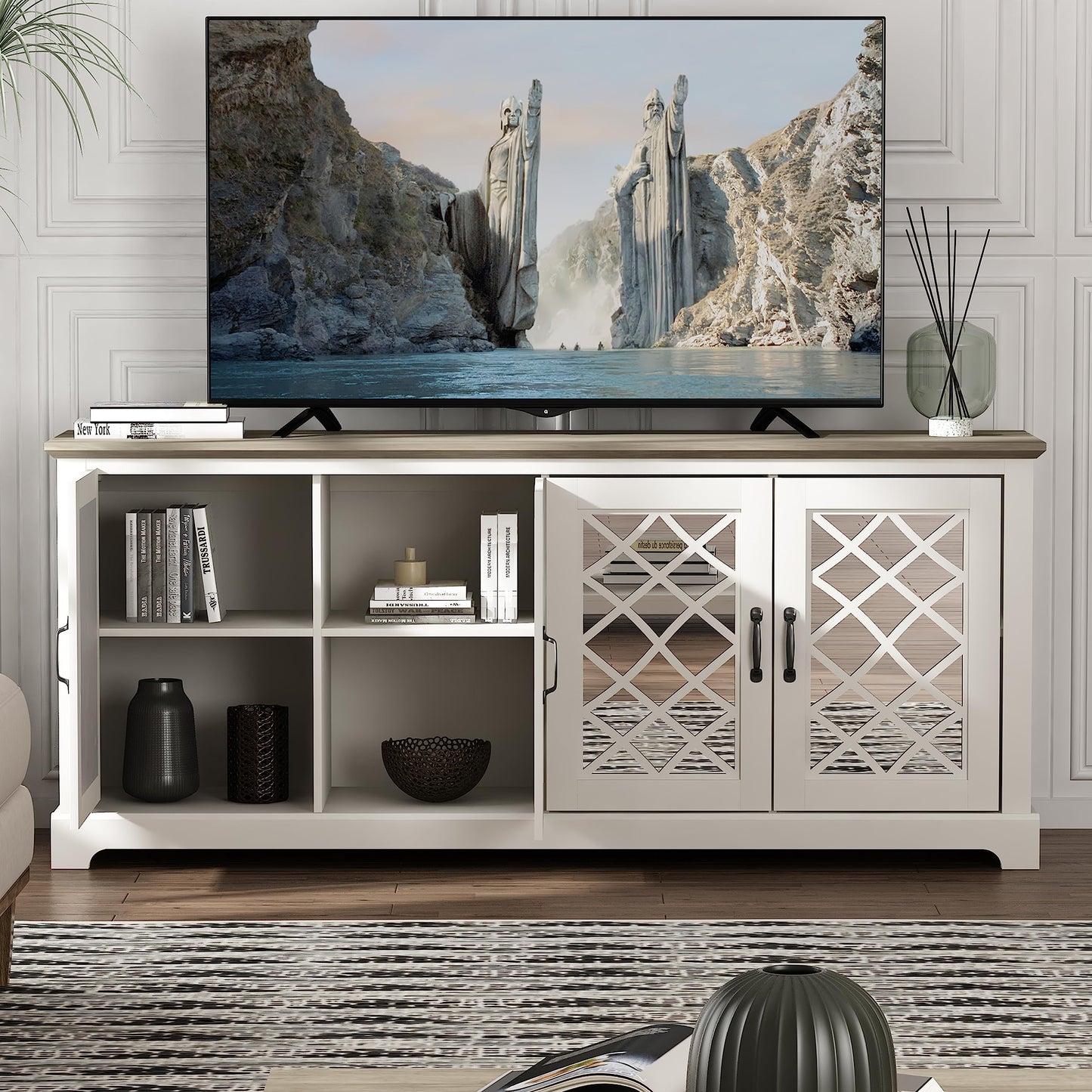 Galano Millicent 75 Inch TV Stands for Living Room with Storage, 17.1" D x 68.2" W x 29.3" H, Ivory Knotty Oak