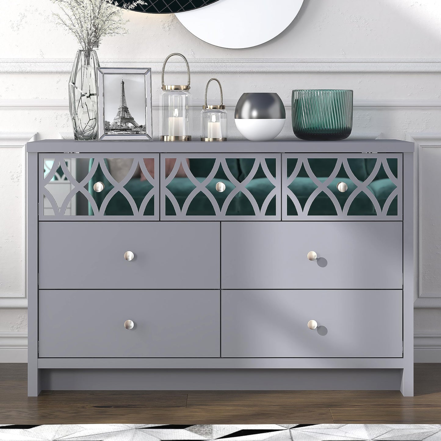 Galano Iris 4 Drawer Chest - Modern Cabinet with 1 Mirrored Drawers - Organizers and Storage for Bedroom – Console for Entryway - Hallway or Living Room - Grey,