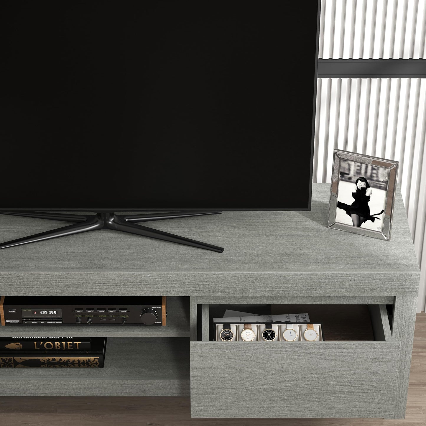 Galano Cubbot Wide TV-Möbel – Entertainment-Center für bis zu 55 Zoll große Fernseher – TV-Möbel mit 2 Schubladen und Mittelregal – TV-Ständerschrank für das Wohnzimmer – Dunkelgrau