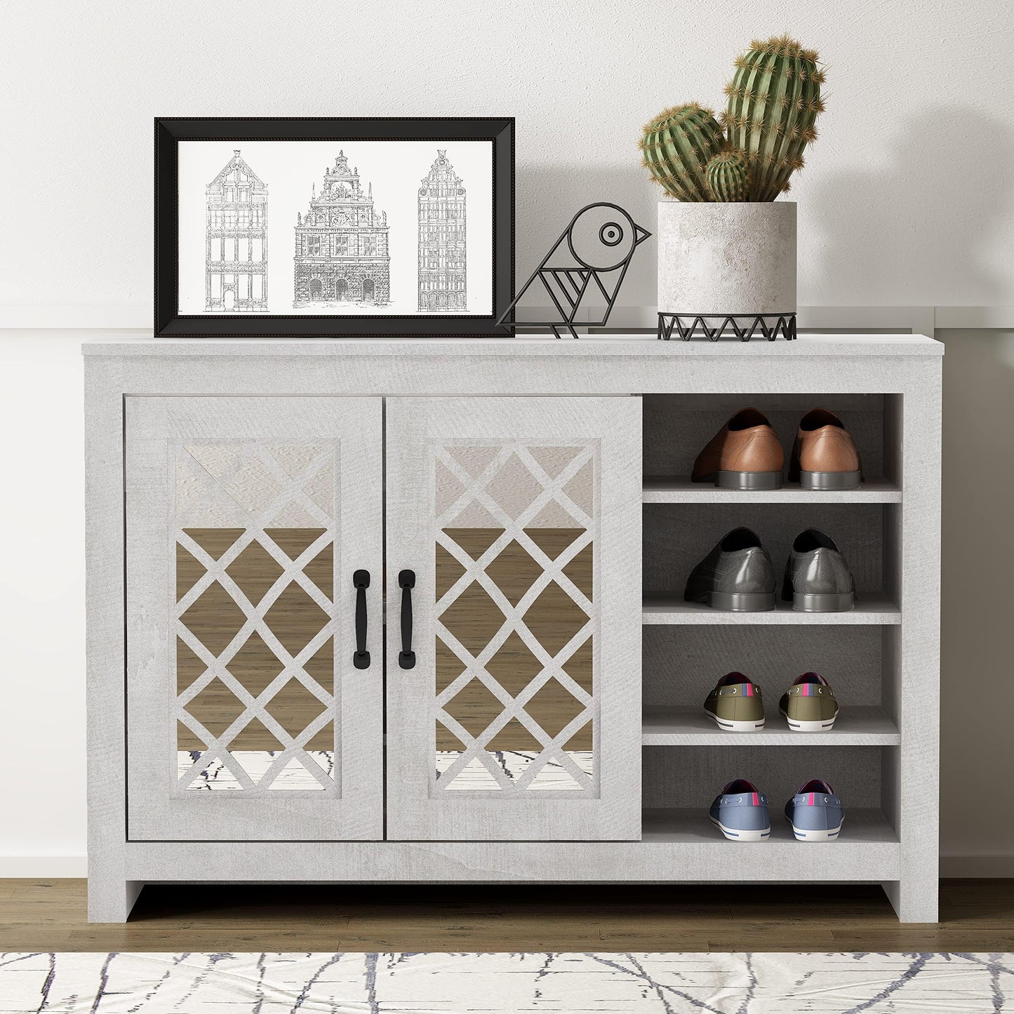 Galano Millicent 16 Pair Shoe Storage Cabinet, Freestanding Organizer with Acrylic Mirror Doors for Entryway, Narrow Shoe Rack Cabinet, 13.39" D x 44.29" W x 30" H, Dusty Grey Oak