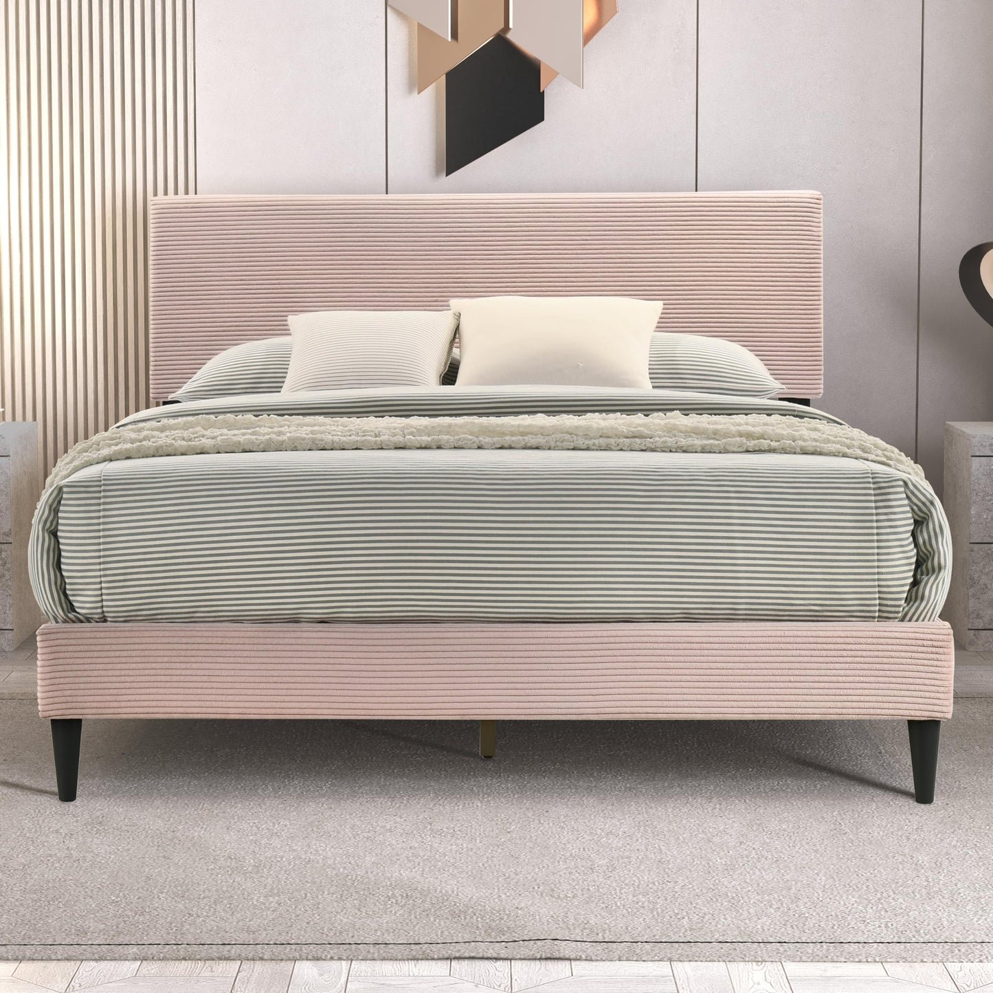 Galano Bayson Double Bed - Stylish Wooden Bedframe with Headboard - Sturdy Bedframe for Adult with Wooden Slat Support - Easy Assembly (Pink)