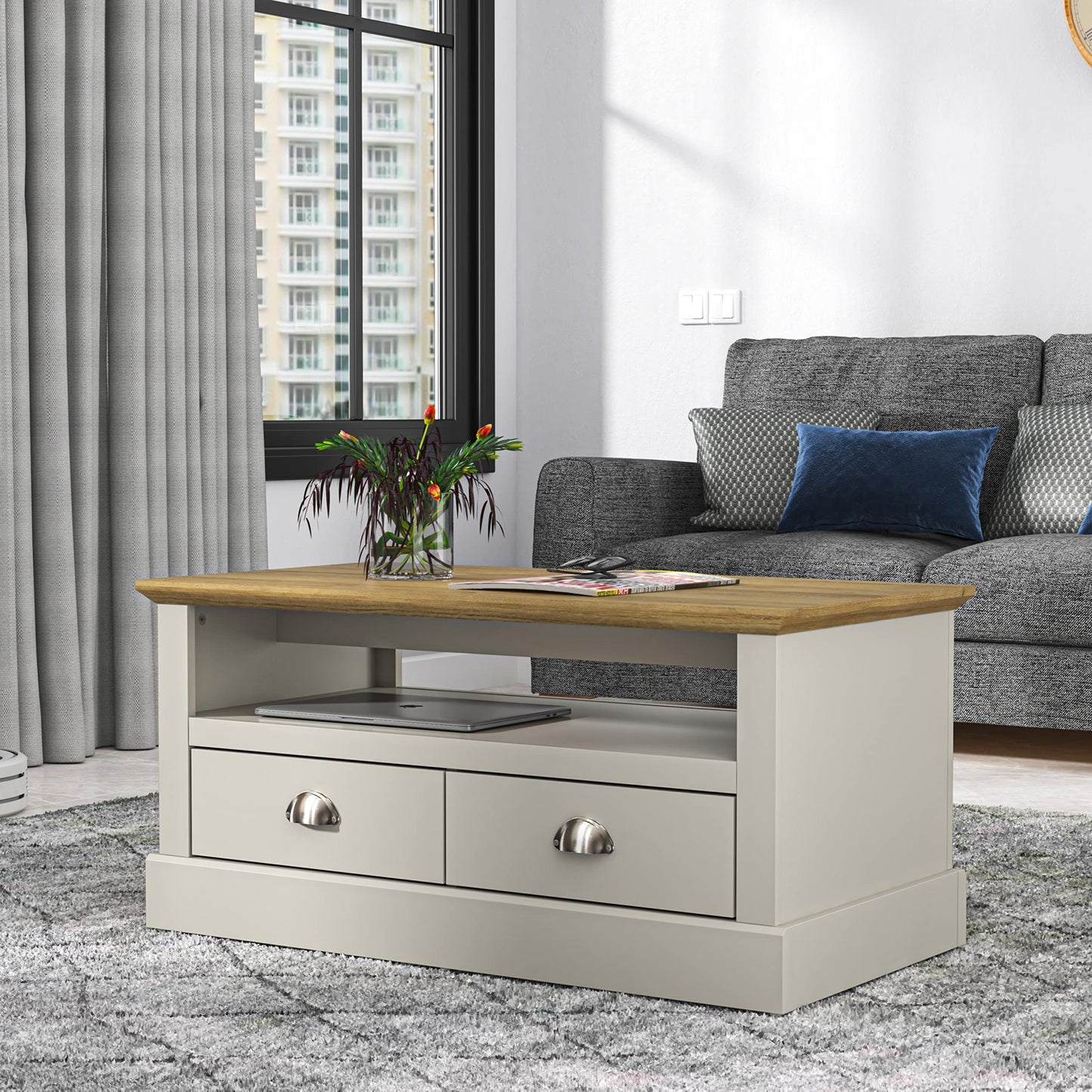 Galano Sufy Coffee Table - 2 Drawer Storage Unit - Engineered Wood Storage Cabinet, Rectangular Living Room Table with Storage - 50 x 94 x 45.3 cm – Light Grey