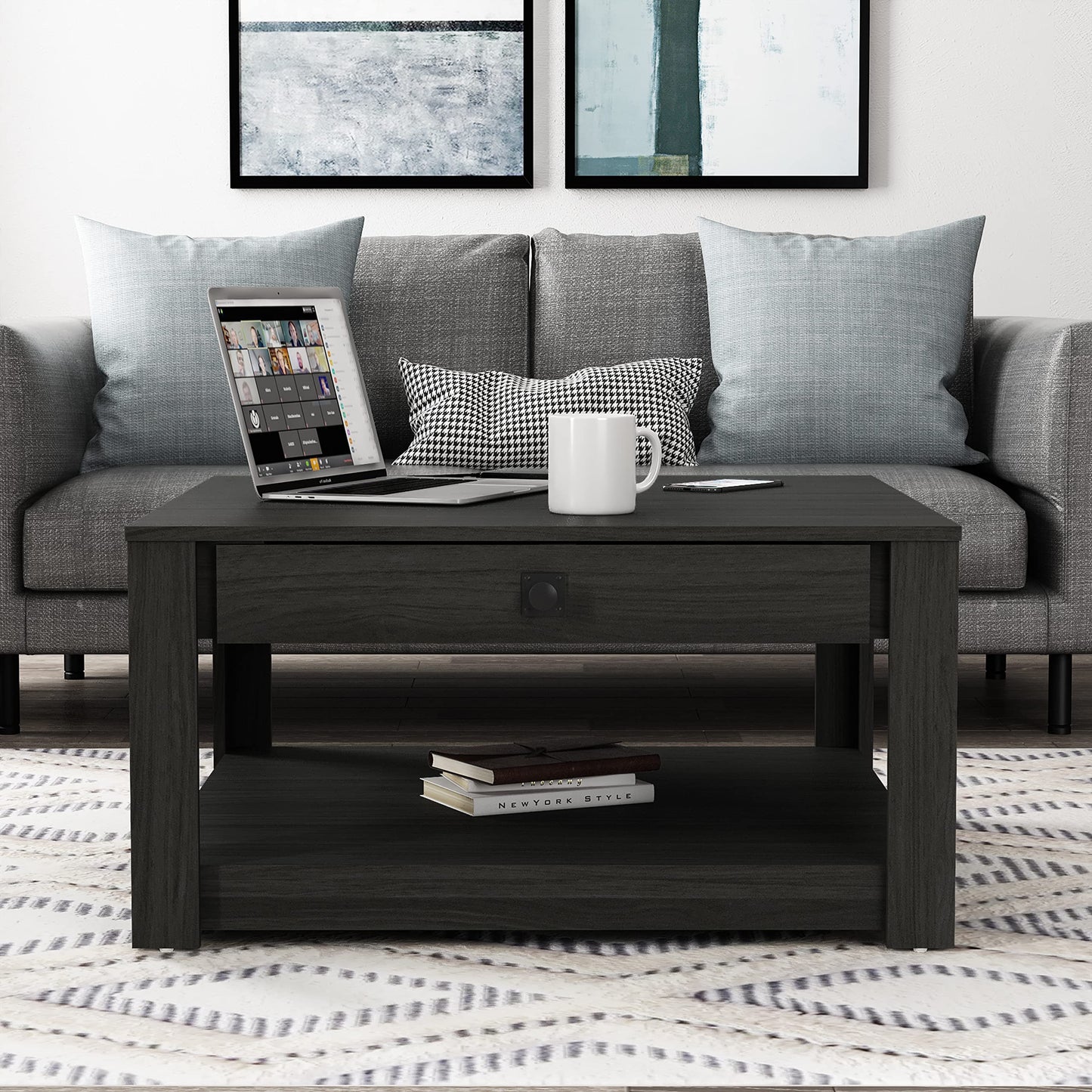 Galano Philia Square Modern Top Coffee Table with Storage Drawer, 2 Tier Center Table for Living Room, Office, Balcony, 31.5" D x 31.5" W x 16.3" H, Rustic Black Oak