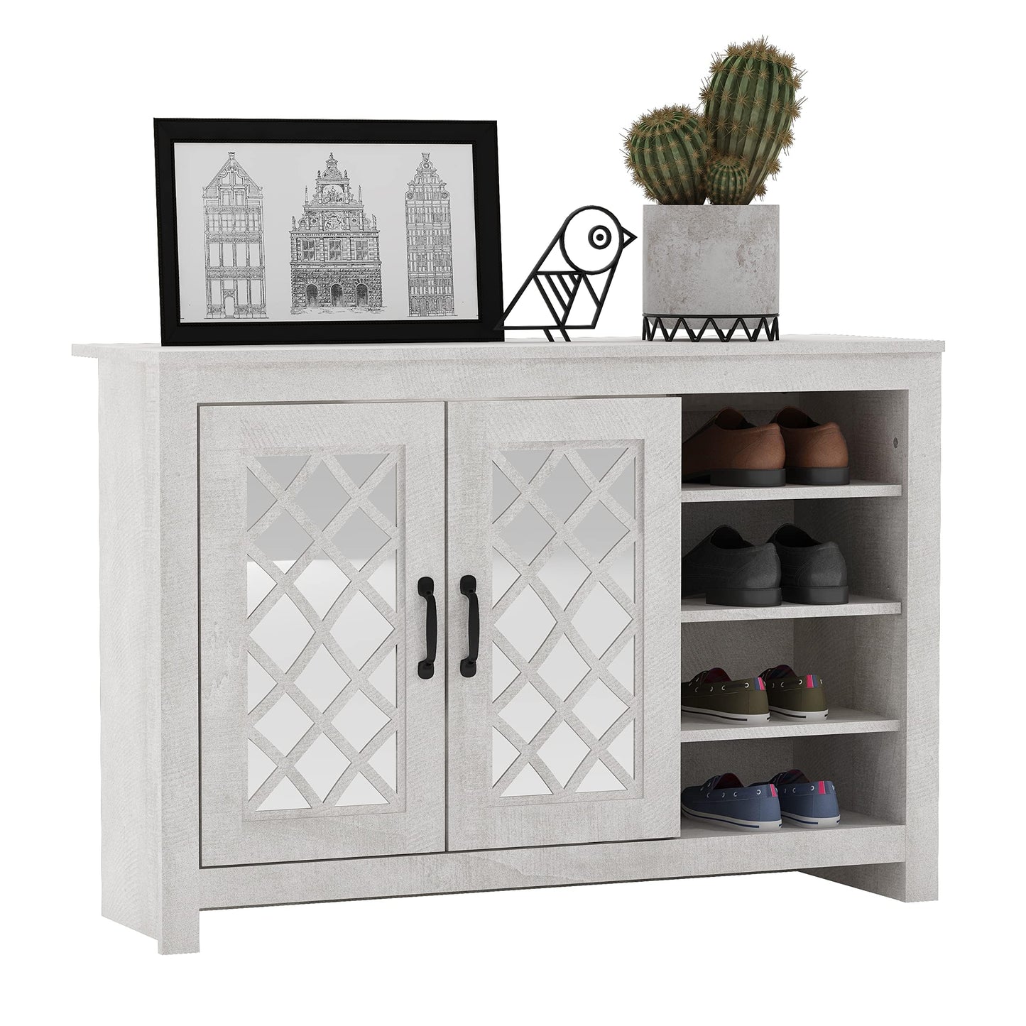 Galano Millicent 16 Pair Shoe Storage Cabinet, Freestanding Organizer with Acrylic Mirror Doors for Entryway, Narrow Shoe Rack Cabinet, 13.39" D x 44.29" W x 30" H, Dusty Grey Oak