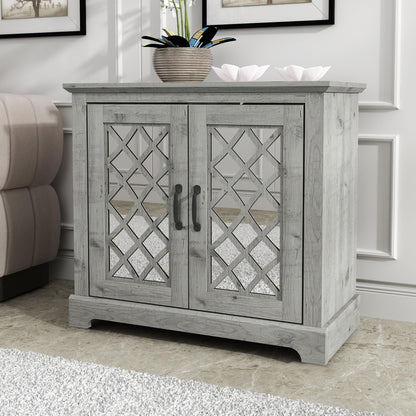 Galano Millicent 2 Door Sideboard, Buffet Cabinet with Acrylic Mirror Doors, 15.7" D x 32.4" W x 29.3" H, Dusty Grey Oak