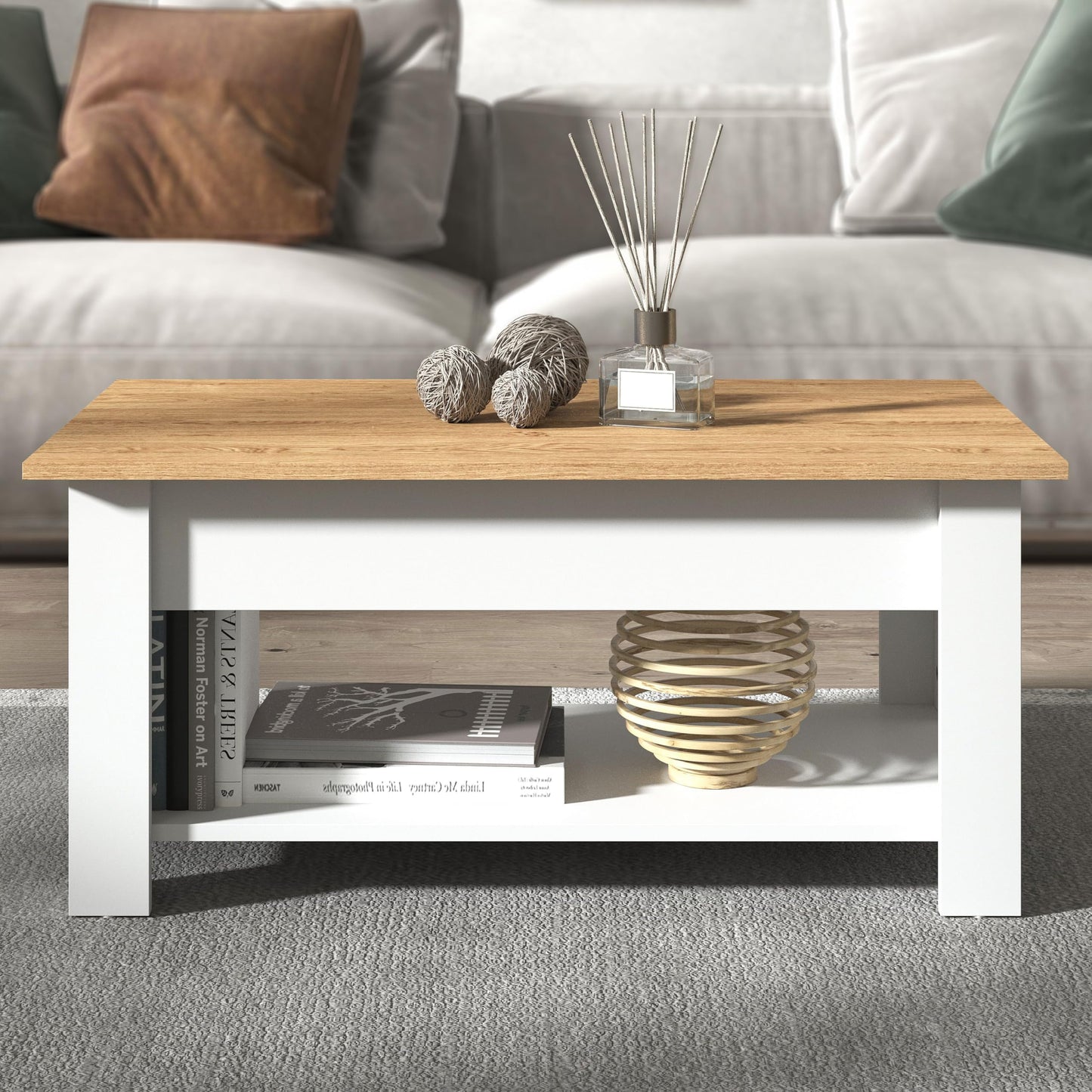 Galano Brixburn Lift Up Coffee Table - Modern Distressed Oak Finish - Storage Cabinet for Entryway - Foyer - Living Room - Space Saving (White/Oak)