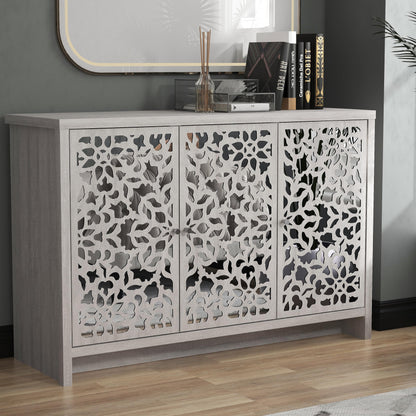 Galano Norwich 2 Door Sideboard - Moden Laser Cut Pattern with Acrylic Mirror Storage Cabinet for Living Room, Bedroom, or Kitchen (Rustic Black Oak)