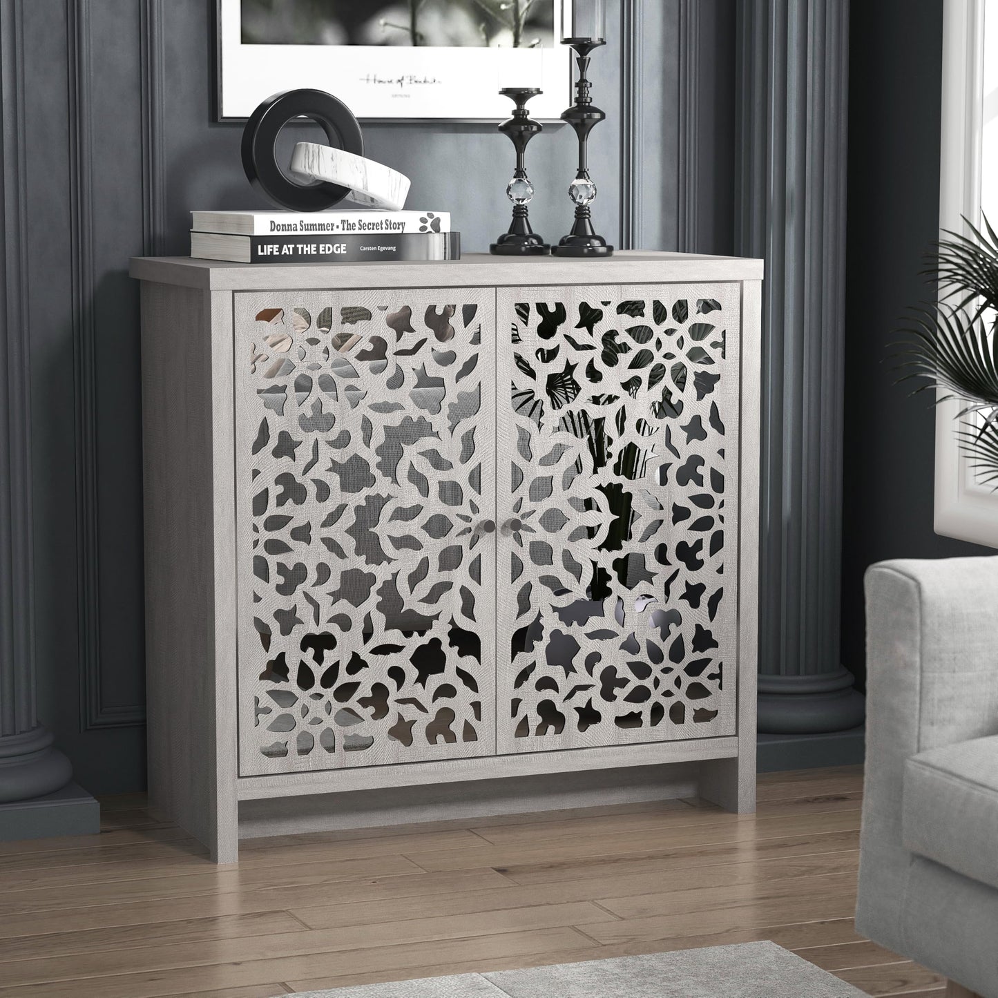 Galano Norwich 2 Door Sideboard - Moden Laser Cut Pattern with Acrylic Mirror Storage Cabinet for Living Room, Bedroom, or Kitchen (Rustic Black Oak)